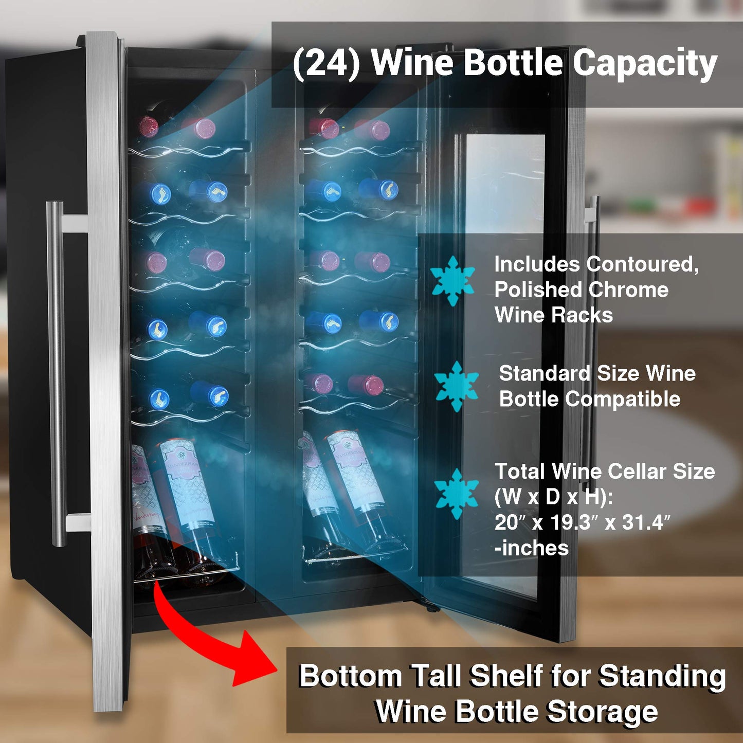 24 Bottle Wine Cooler Refrigerator - White Red Wine Fridge Chiller Countertop Wine Cooler - Freestanding Compact Mini Wine Fridge 24 Bottle w/Digital Control, Stainless Steel Door - NutriChef PKCWC24