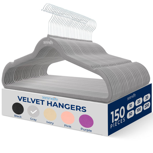 SereneLife 150 Pack Velvet Hangers - Non-Slip with 360° Swivel Hook - Ultra-Thin, Lightweight, Space-Saving, Felt Hangers for Shirts, Sweaters, Hoodies, Kids Clothes & Dresses