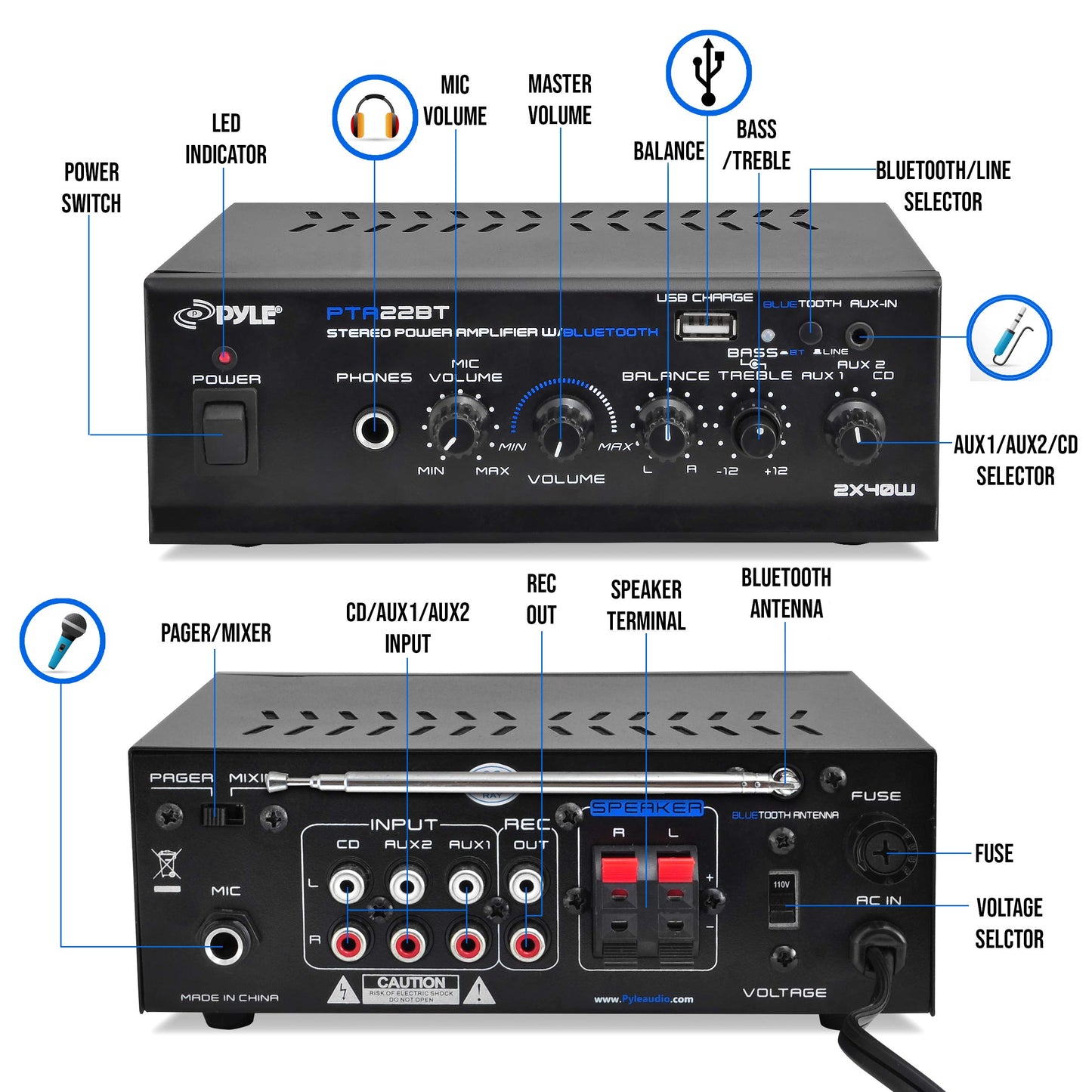 Pyle Bluetooth 5.0 Mini Home Audio Amplifier - 40W x 2 Compact Desktop Stereo Receiver with USB - SD - FM - Mic Input - Pager & Mixer Karaoke Modes - RCA Input - AUX - Headphone Jack - PTA22BT