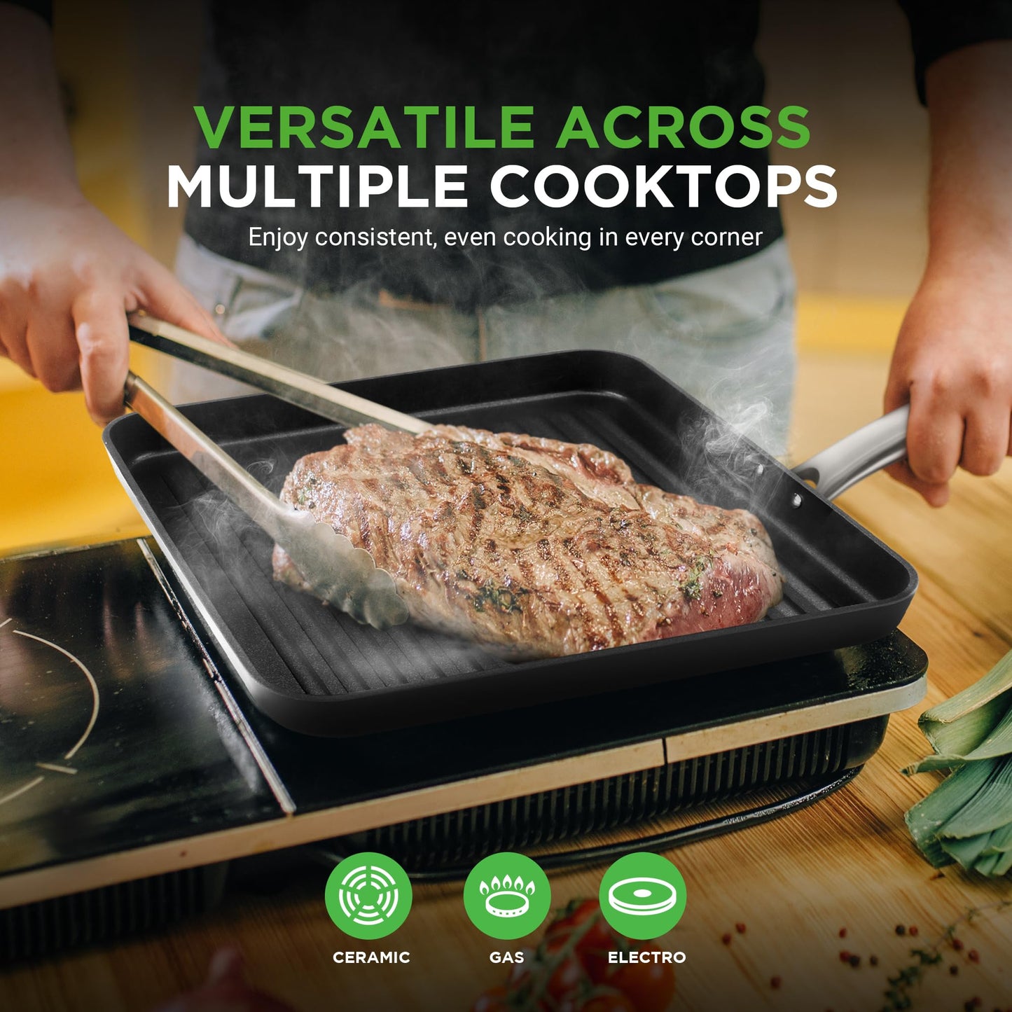 NutriChef 11" Square Grill Pan Non Stick - High Ridges, Hard-Anodized, Stove Top Griddle, Strong Handles, Dishwasher Safe