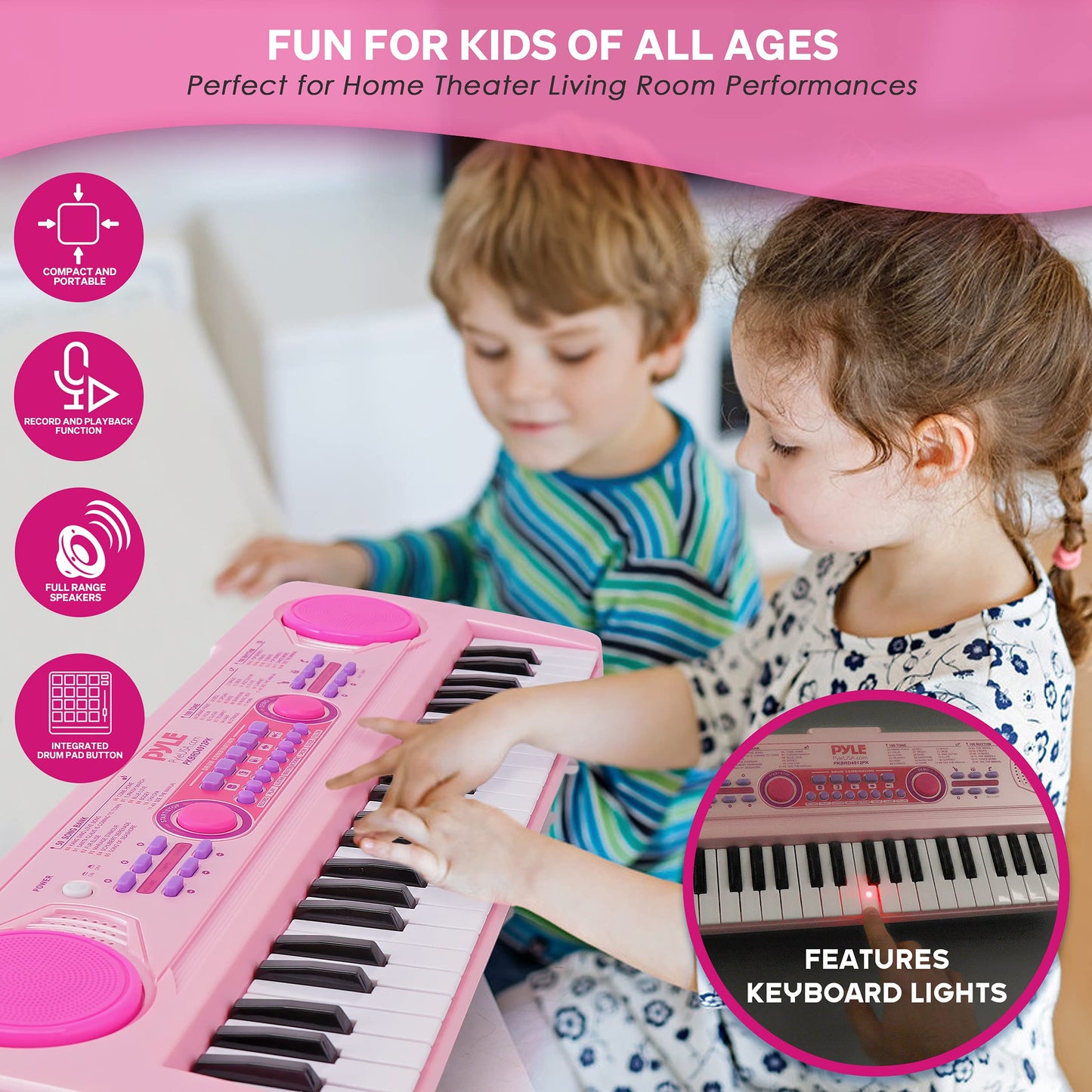 Pyle, 49, Electric Keyboard Piano, Music Keyboard-49 Keys, Karaoke Fun, Rechargeable Battery, Wired Microphone, 100 Tunes, 50 Demos, Aux Input, Compact Design, (PKBRD4912PK)