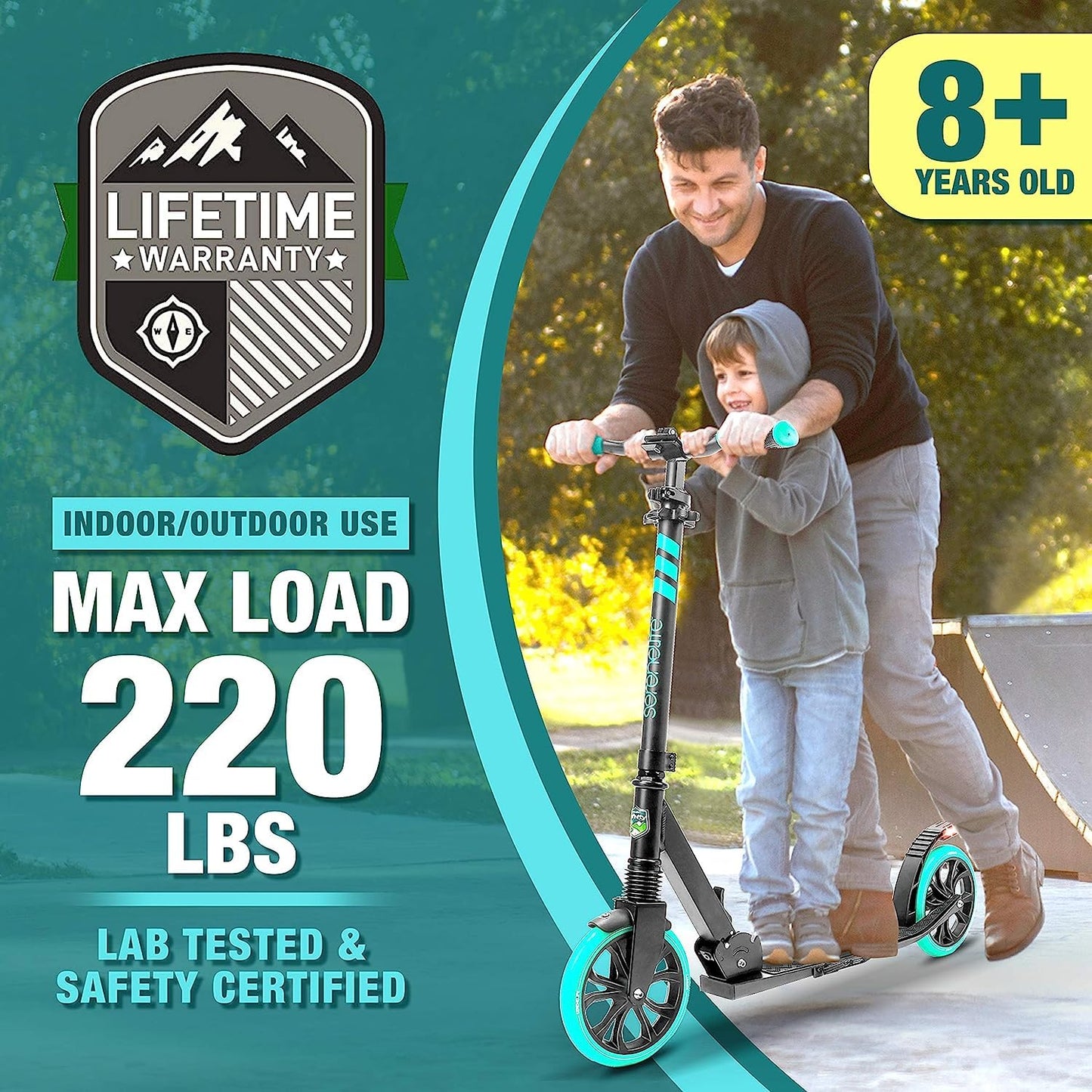 SereneLife Kick Scooter for Adults, Teenagers and Kids - 2 Wheel Scooter With Adjustable T-Bar Handlebar - Alloy Anti-Slip Deck - Portable Folding With Carrying Strap - Aqua