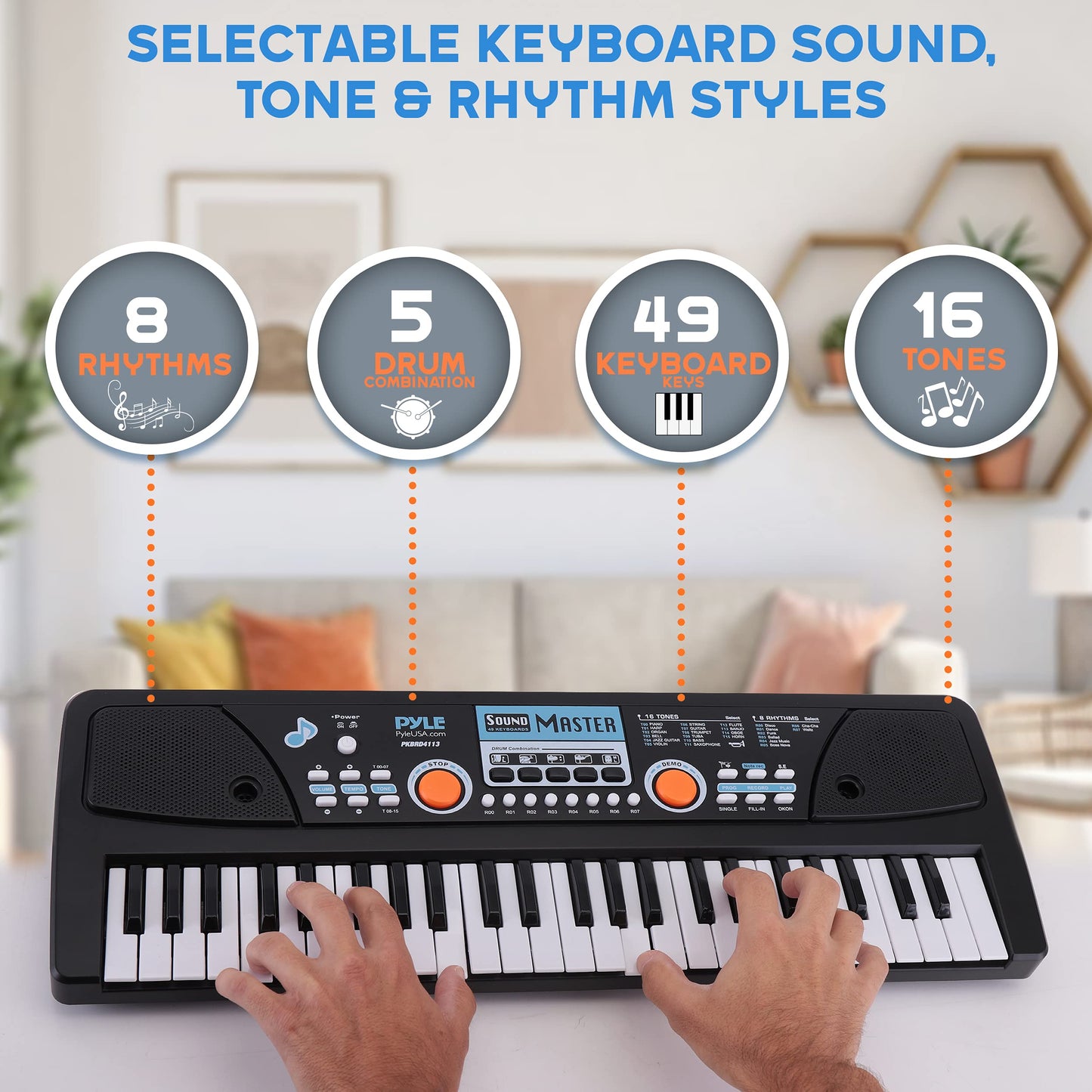 Pyle Portable Electric 49 Key 2 In 1 Karaoke 16 Tone 8 Rhythm Musical Piano Keyboard and Microphone w/ Built In Speakers & Rechargeable Battery, Black