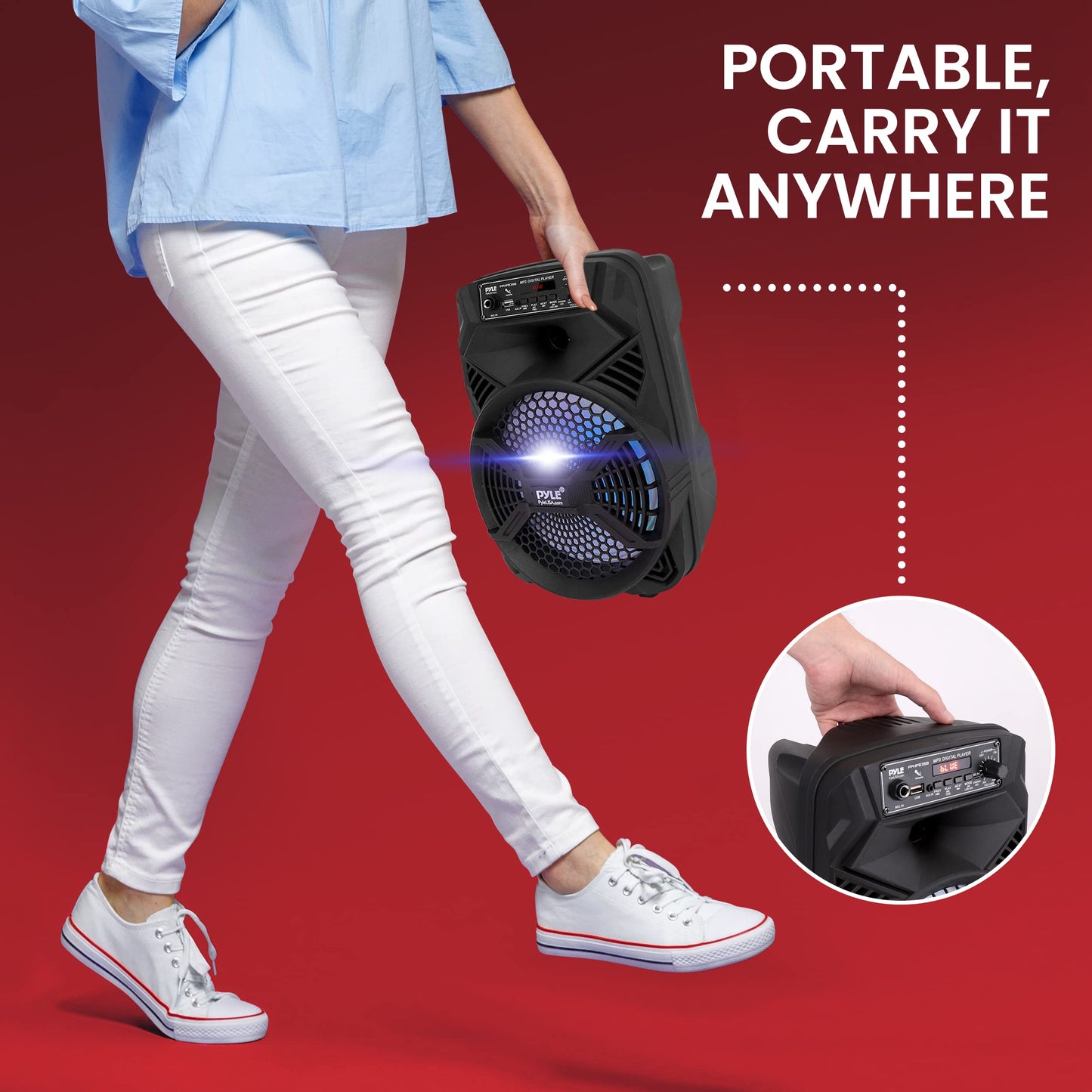 Portable Bluetooth PA Speaker System - 300W Rechargeable Indoor/Outdoor Bluetooth Portable PA System w/ 8” Subwoofer 1” Tweeter, Microphone In, Party Lights, MP3/USB, Radio, Remote - Pyle PPHP836B