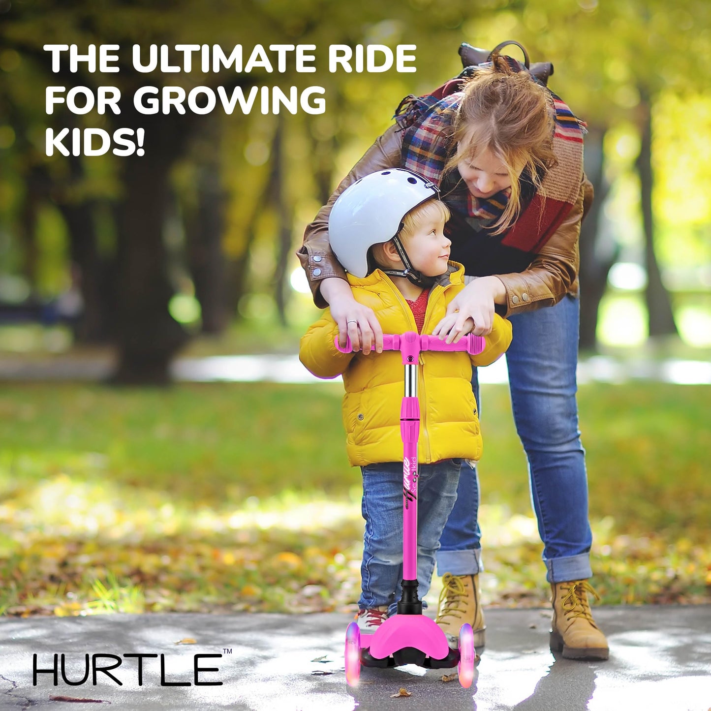 Hurtle Mini Kickboard Scooter for Kids – Height Adjustable 25-28 Inches, 3-Wheel Toddler Micro Scooter with LED Light-up Wheels, Lightweight Riding Toy, Non-Slip, Indoor/Outdoor Fun, Ages 2-5 (Pink)