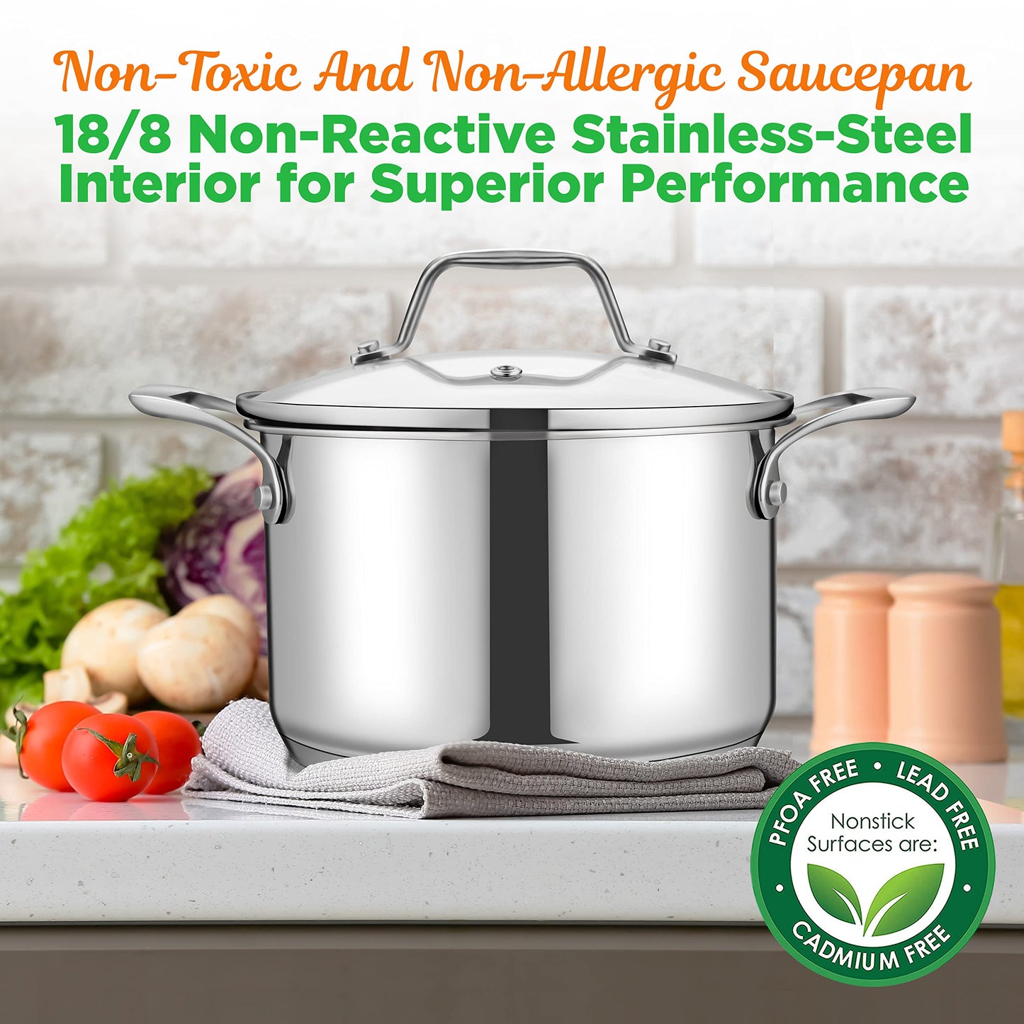 NutriChef 3-Quart Stainless Steel Pot with Glass Lid - 18/8 Food Grade Heavy Duty Cookware Stockpot for Stews, Simmering & Soups, Dishwasher Safe, For Induction, Gas & Ceramic Cooktops - NCSP3