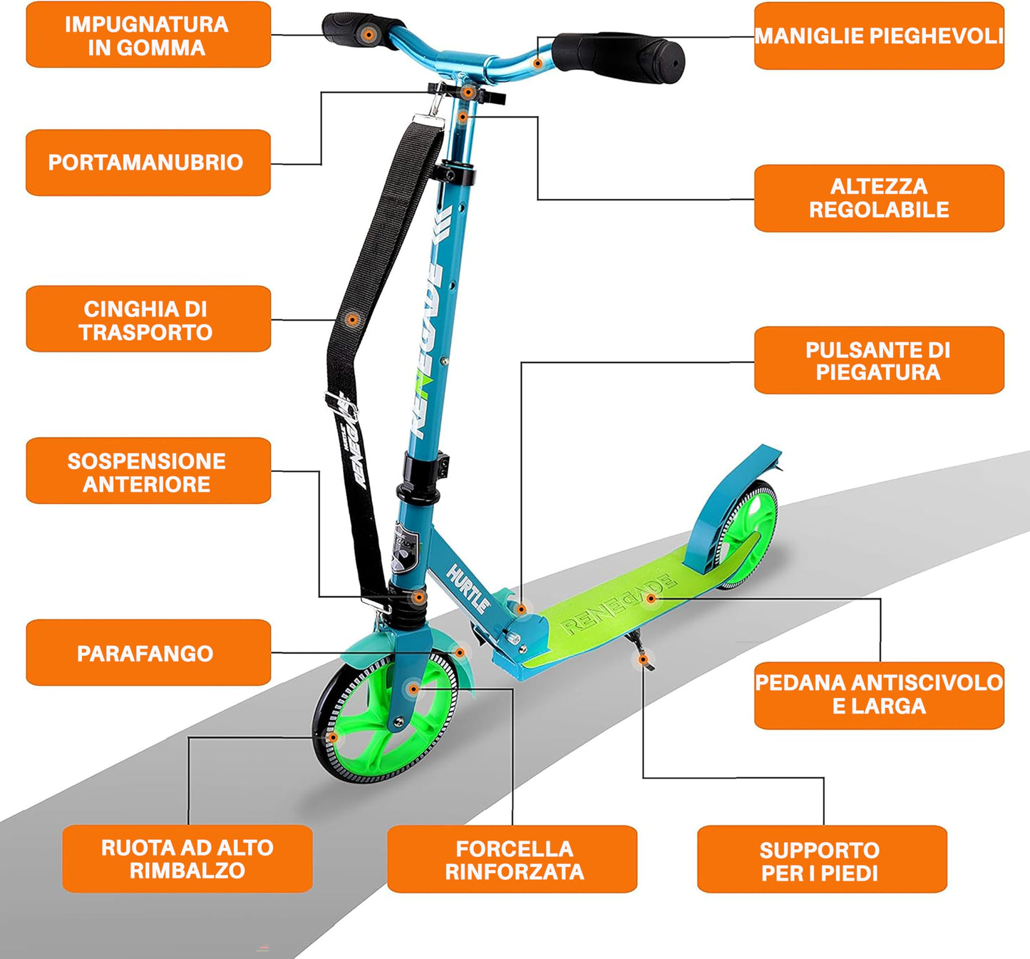 Hurtle Renegade Kick Scooters for Kids Teenagers Adults- 2 Wheel Kids Scooter with Adjustable T-Bar Handlebar - Alloy Anti-Slip Deck - Portable Folding Scooters for Kids with Carrying Strap