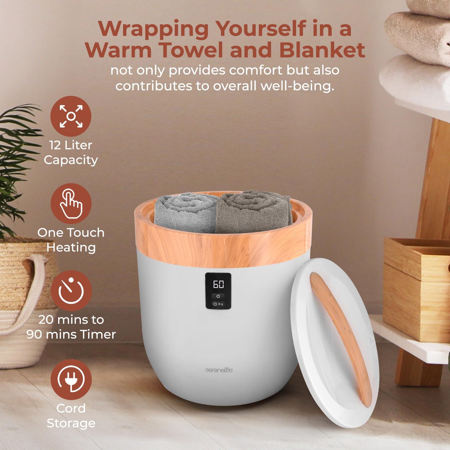 SereneLife Counter Towel Warmer Bucket - with Customized Fragrance for Spa and Bathroom, Luxury Heater, Auto Shut Off, Fits 1 Large Blanket, Bathrobe, PJs (Wood)