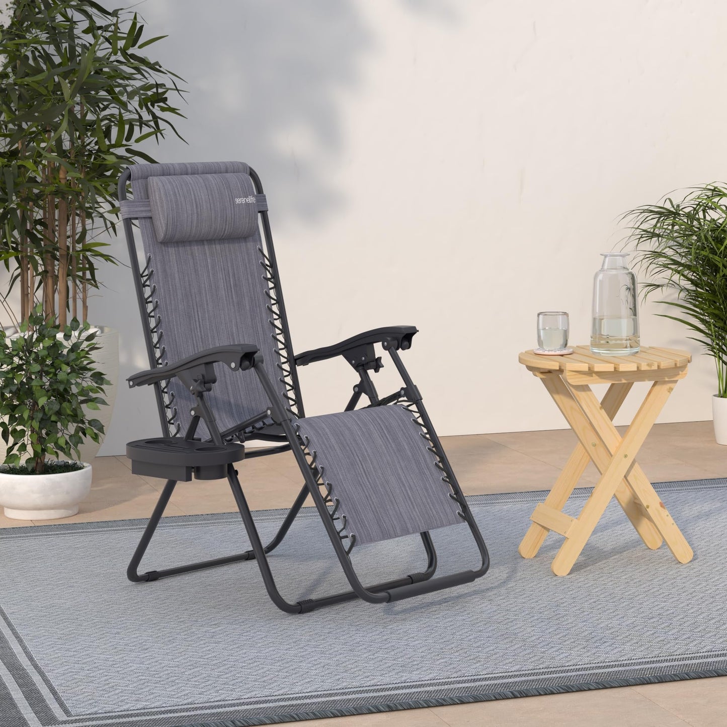 SereneLife Zero Gravity Chairs Set of 2 - Adjustable Steel Mesh Lawn Chairs - Outdoor Lounge Chairs with Detachable Cup Holder Tray - Foldable Outdoor Chair with Removable Pillows - Grey