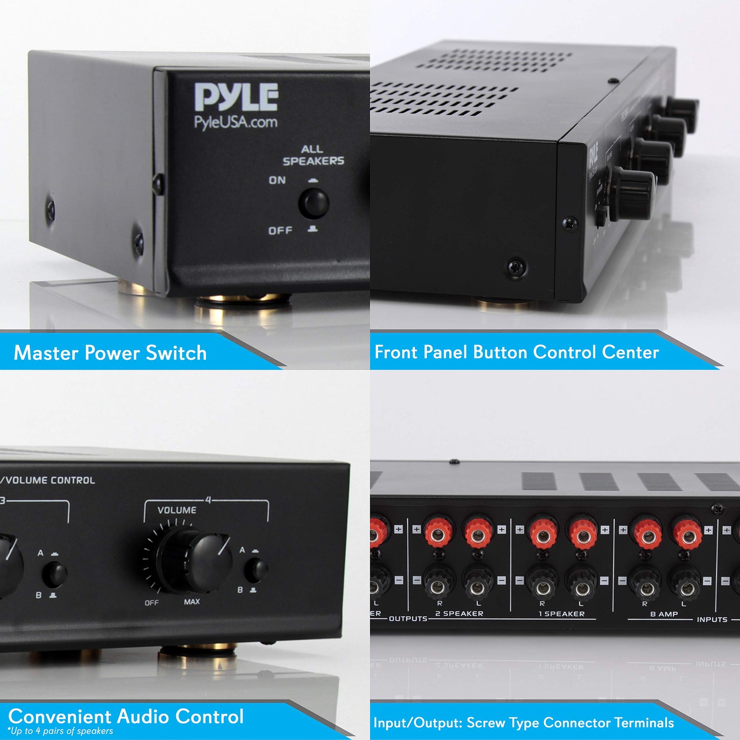 Pyle 4 Channel Speaker Selector Switch - Multi Zone A B Speaker Distribution Controller Box w/Independent Audio Source Volume Control, Supports Home Theater Stereo Amplifier Receiver System - PSLSW4