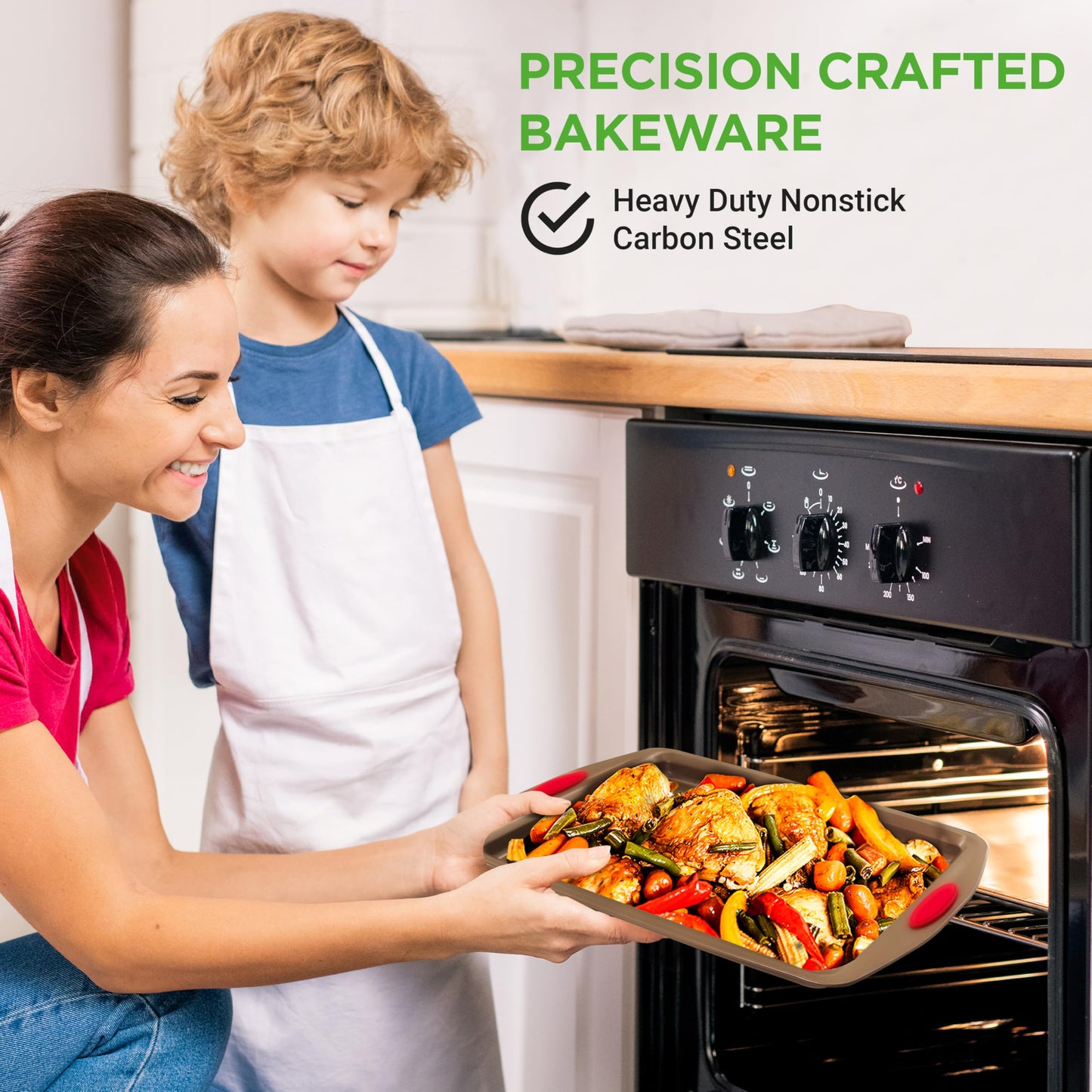 NutriChef 6-Piece Nonstick Baking Pan Set - Premium Steel Bakeware w/Silicone Handles - Includes 2 Baking Sheets, 12-Cup Muffin, Loaf, & Roaster Pan w/BPA-Free Lid - Easy to Clean, Gold
