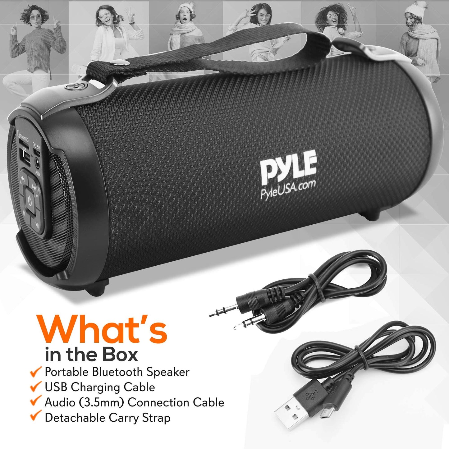 Pyle Wireless Portable Bluetooth Boombox Speaker – Rechargeable Music Barrel with AUX Input, USB/SD/MP3 Playback, FM Radio, 2.5" Tweeter – Loud Stereo Sound for Travel, Parties, Outdoors (PBMSPG3BK)