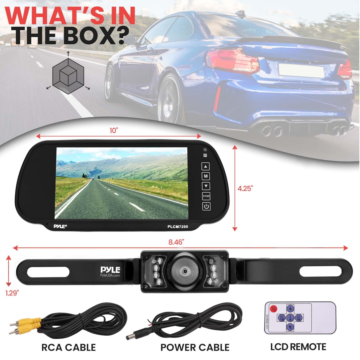 PYLE BACKUP CAR CAMERA, 7" LCD DISPLAY, NIGHT VISION, WATERPROOF, DISTANCE SCALE LINES - COMPLETE SYSTEM WITH ALL NECESSARY CABLES AND WIRING, LICENSE PLATE MOUNTABLE, AUTO SWITCH PAL/NTSC