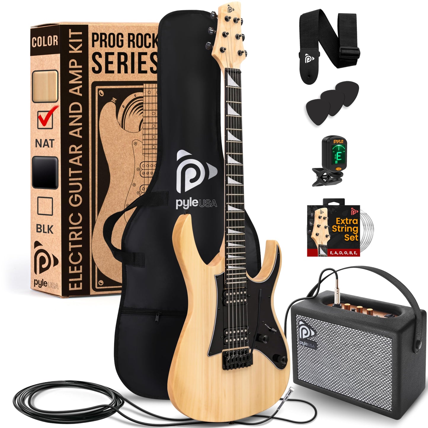 Pyle Prog Rock EG Series Electric Guitar with Amp Kit, 39" Full Size with Dual Humbucker Pickups, Low Profile Neck and Solid Paulownia Body, Premium Accessory Kit Included (Natural)