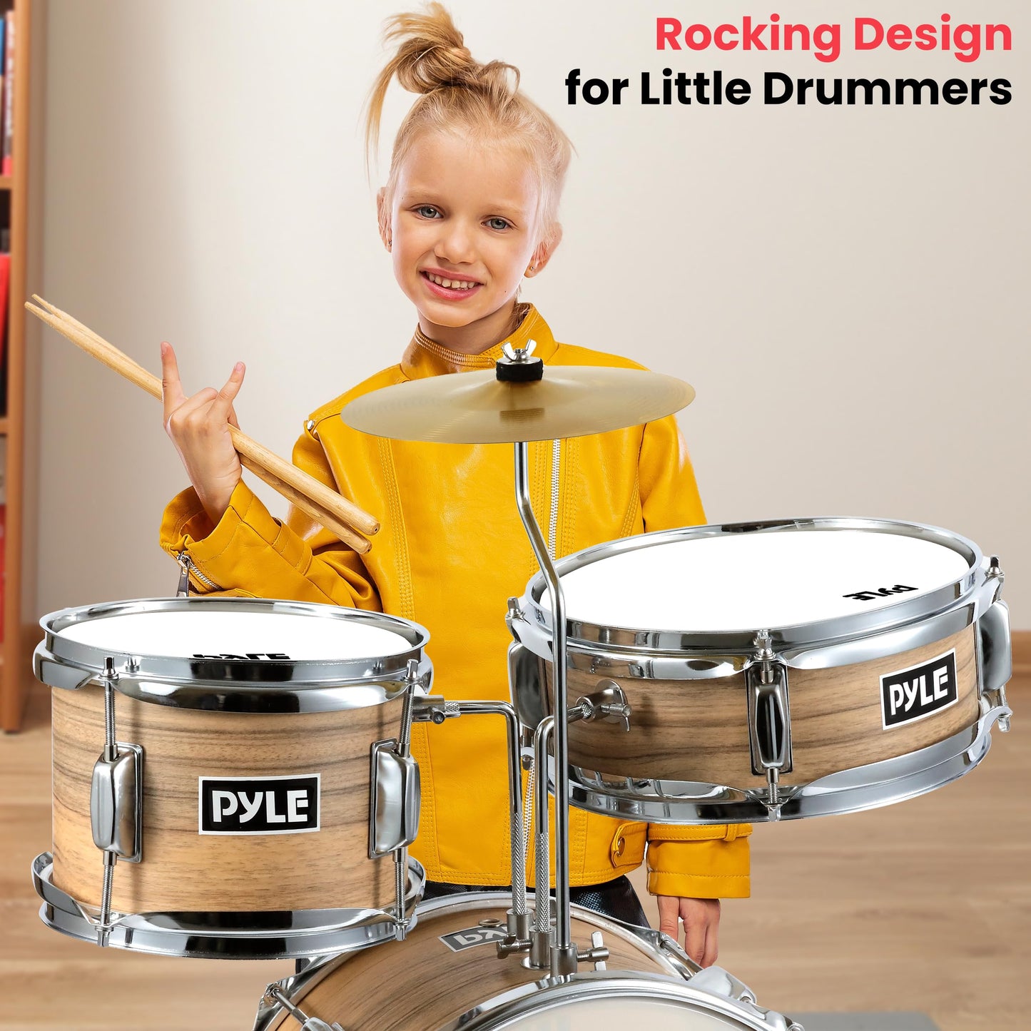 Pyle Kids Drum Set, 3 Piece Beginner Junior Drummer Kit with 13" Bass Drum, Snare, Tom, Cymbal, Adjustable Throne, Mutes, Drumsticks, Natural