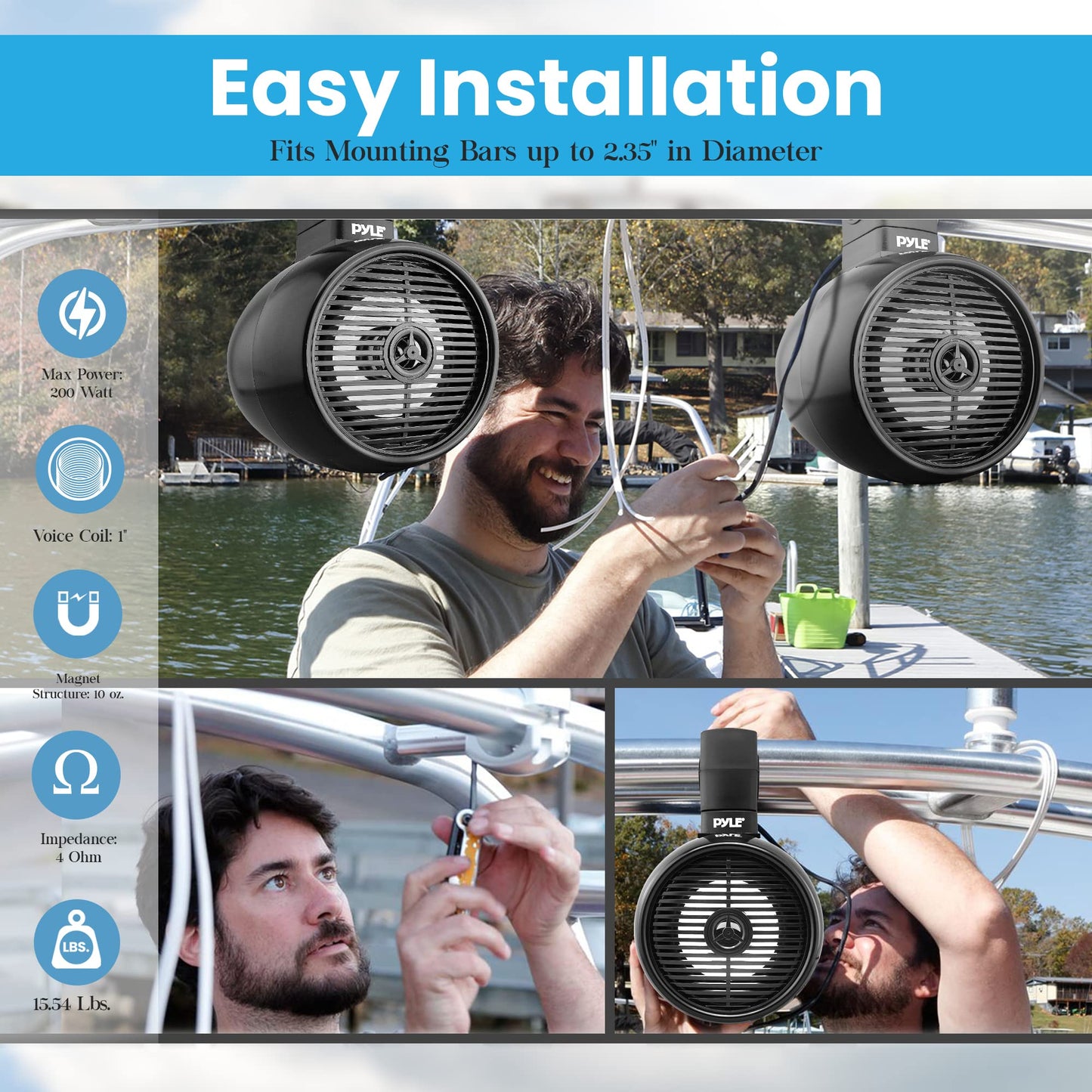PyleUsa 6.5” Waterproof Off-Road Speakers - 200W 2-Way Marine Wakeboard Tower Sound System w/ LED Light, Full Range Outdoor Stereo Speaker for Car, ATV, UTV, Jeep, Boat, Includes Brackets (Black)