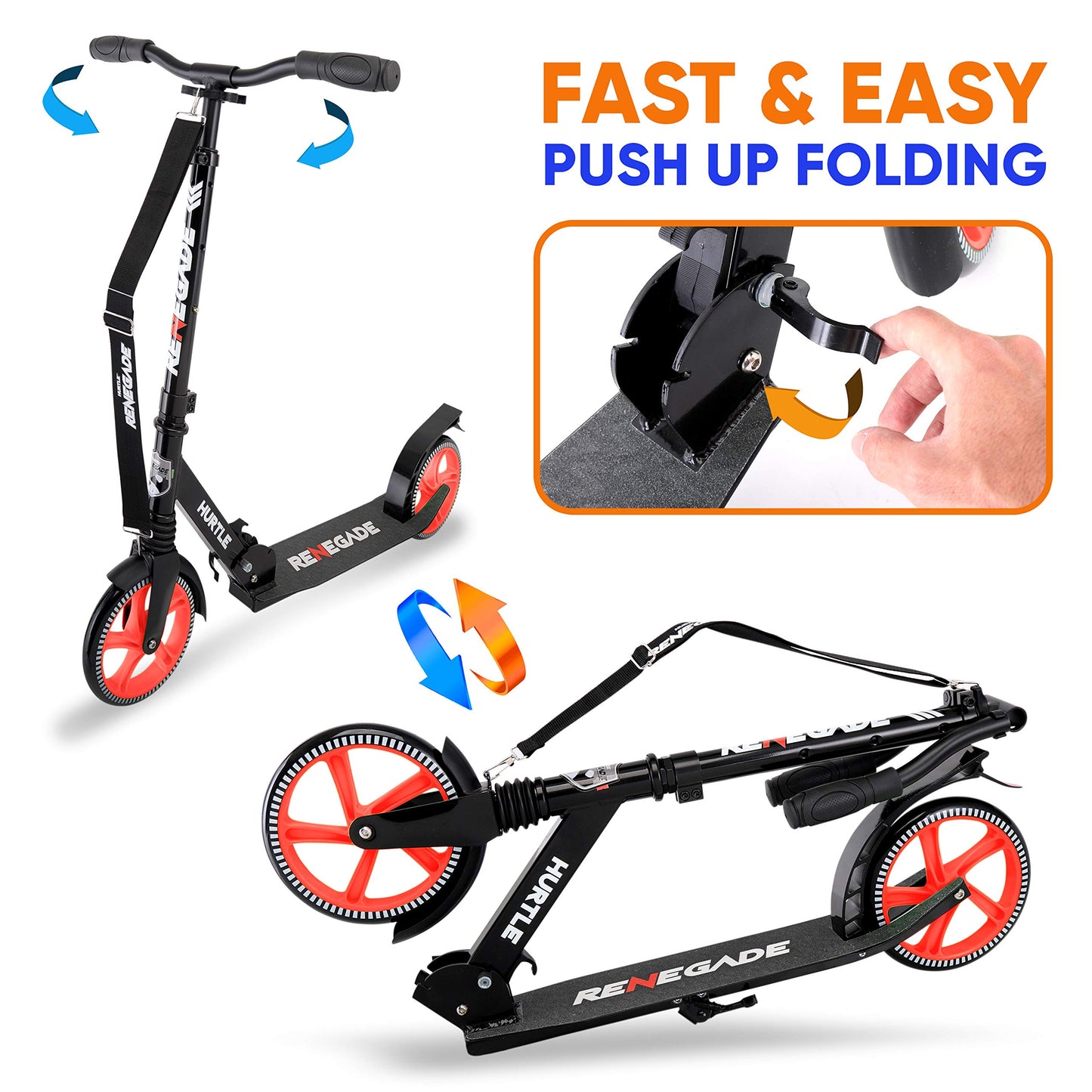 Hurtle Lightweight and Foldable Kick Scooter - Adjustable Scooter for Teens and Adult, Alloy Deck with High Impact Wheels (Black)