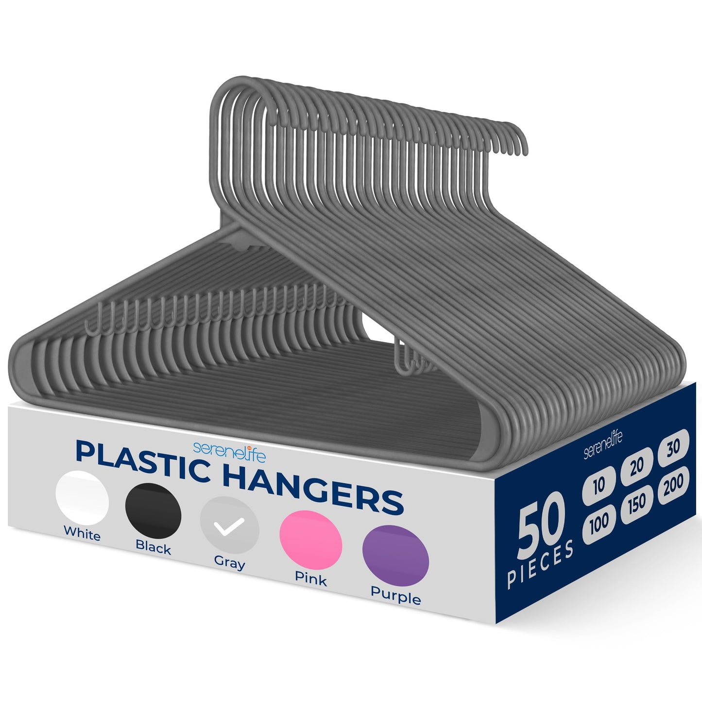 SereneLife 50 Pack Plastic Hangers, Non-Slip, Space-Saving Closet Organizers, Durable and Strong for Shirts, Sweaters, Hoodies, Kids Clothes & Dresses, Ultra-Thin, Lightweight