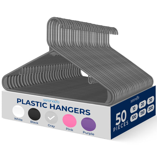 SereneLife 50 Pack Plastic Hangers, Non-Slip, Space-Saving Closet Organizers, Durable and Strong for Shirts, Sweaters, Hoodies, Kids Clothes & Dresses, Ultra-Thin, Lightweight