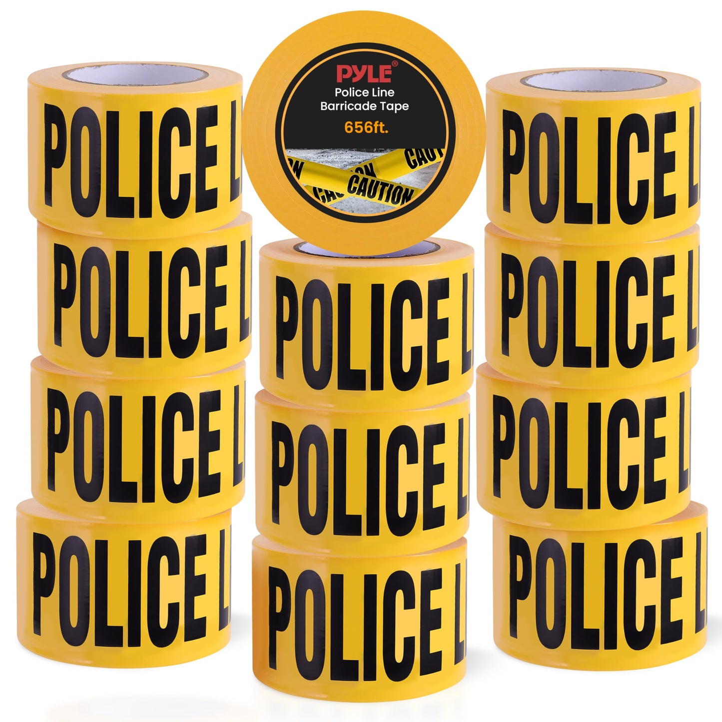 Pyle Caution Tape Yellow, "Police Line Do Not Cross” 200 Meter Roll of Non-Adhesive Safety Barricade Warning Tape, Highly Durable & Visible for Indoor/Outdoor Use 12 pc