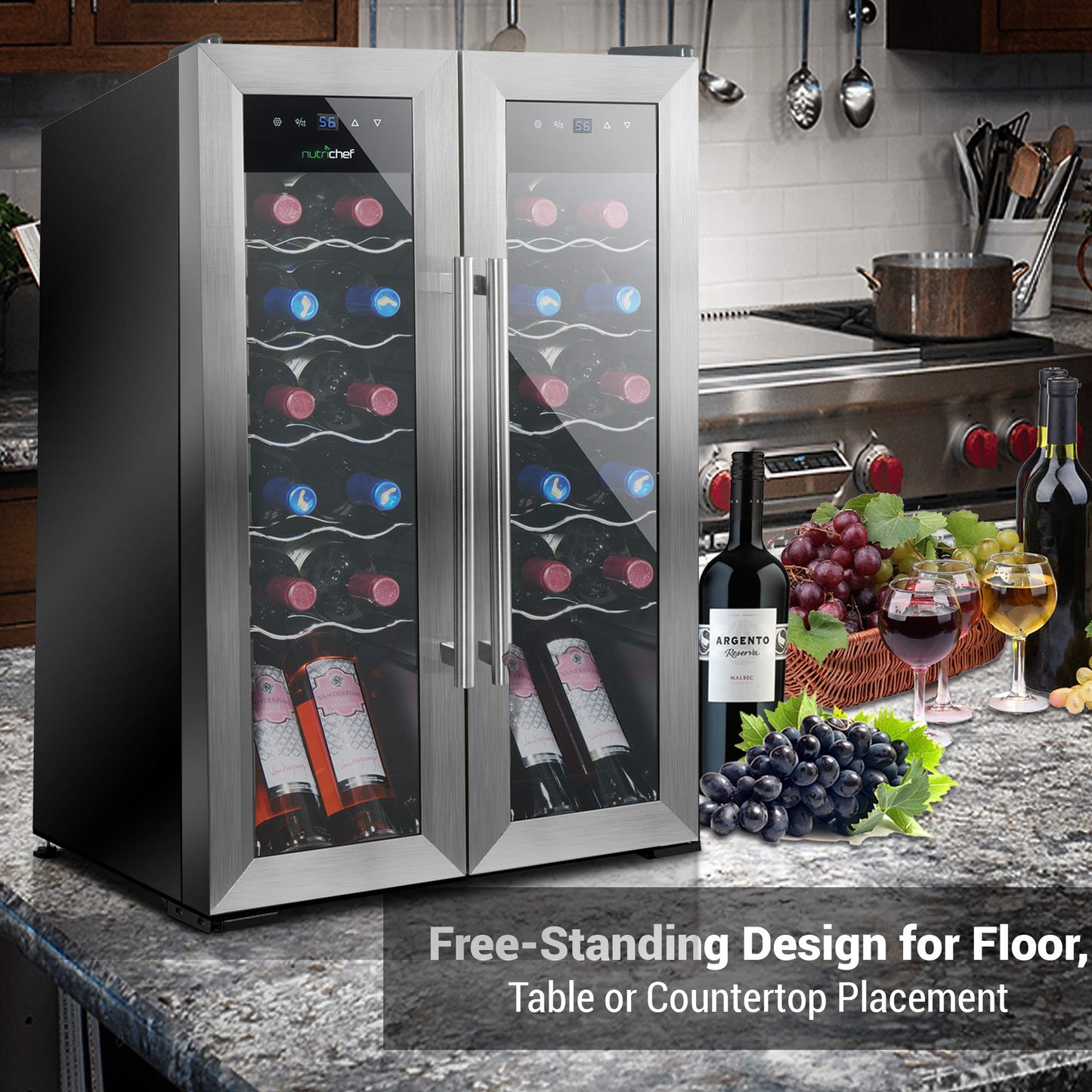 24 Bottle Wine Cooler Refrigerator - White Red Wine Fridge Chiller Countertop Wine Cooler - Freestanding Compact Mini Wine Fridge 24 Bottle w/Digital Control, Stainless Steel Door - NutriChef PKCWC24