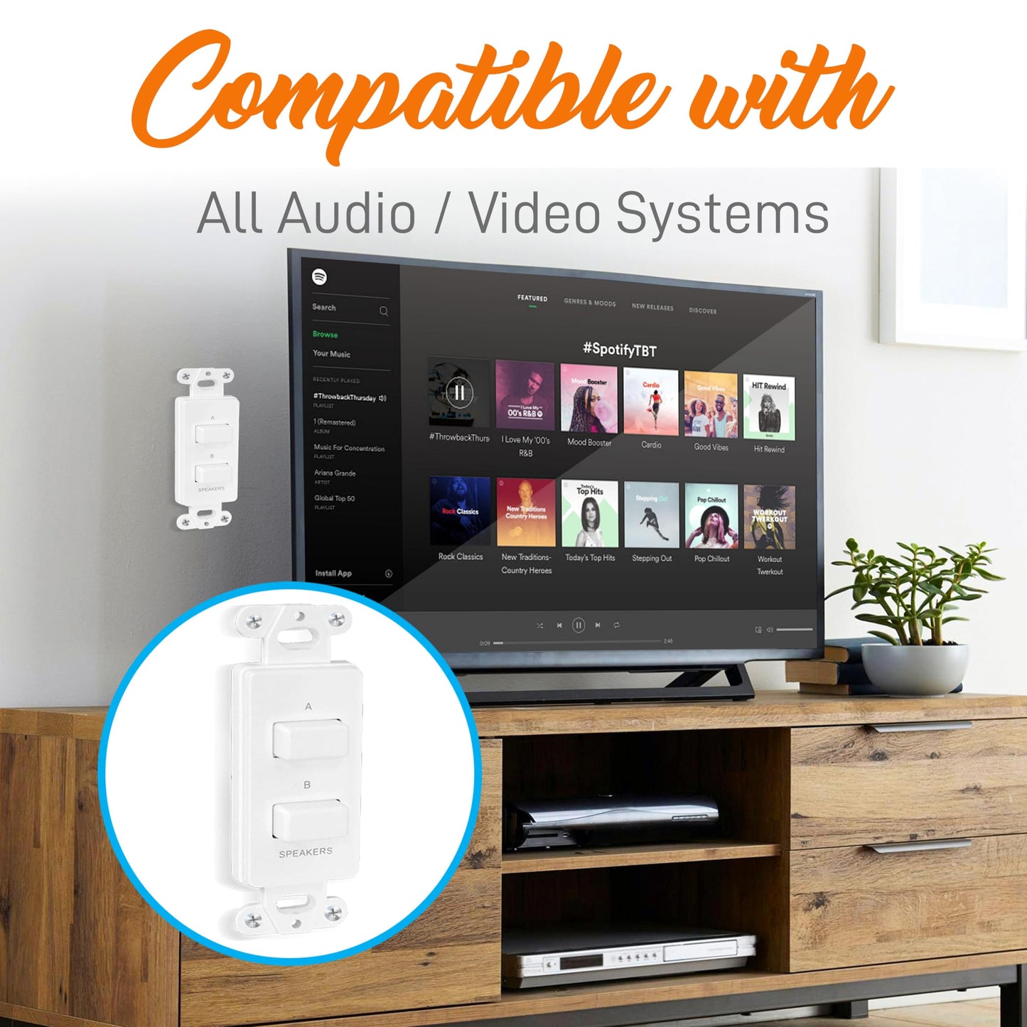 Pyle in-Wall Speaker Selector Switch - 120W Power Handling - Push Button - 3 Configurations(A,B,A+B) - Terminal Block Connectors - Universal Wall Plate - Compatible w/All Audio/Video Systems - PVCS2