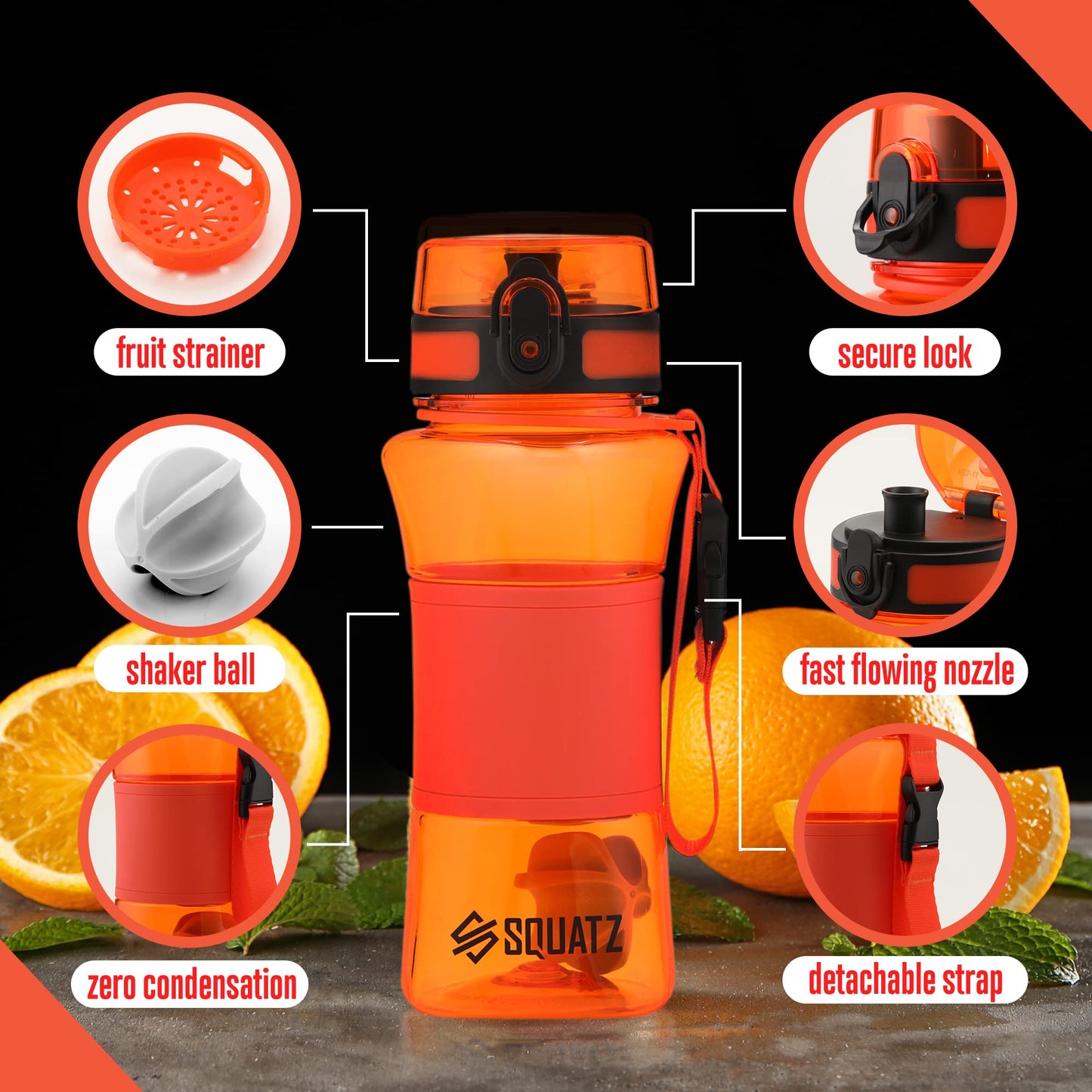 SQUATZ 17 Oz Poseidon Series Water Bottle for Protein and Fruit Shakes - Premium Quality Wide Mouth Gym Flask Fruit Infuser Strainer, Carrying Strap, Leak Resistance, No Condensation Sleeve