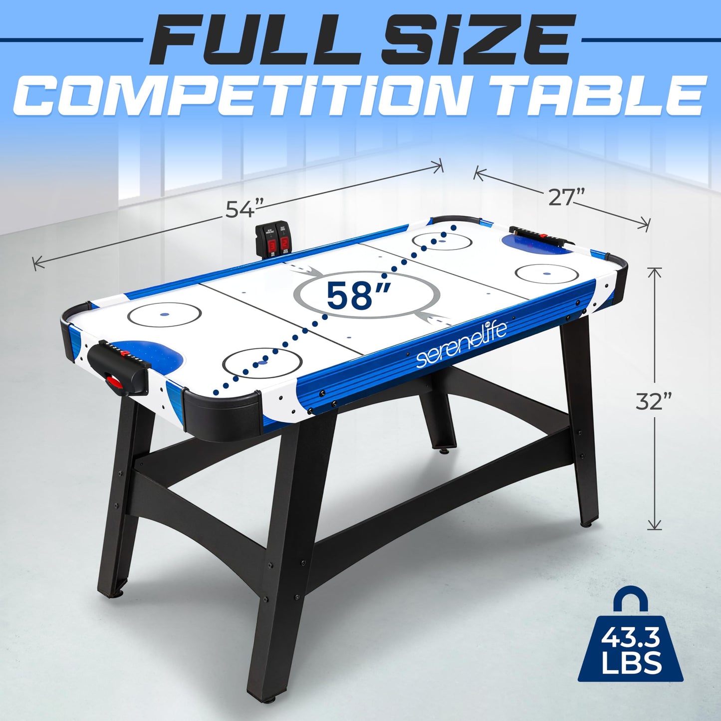 SereneLife 54" Air Hockey Game Table with 2X Stronger Motor, Light-up Scoreboard, AC in Line Power Switch Includes 2 Pucks, 2 Pushers - Blue