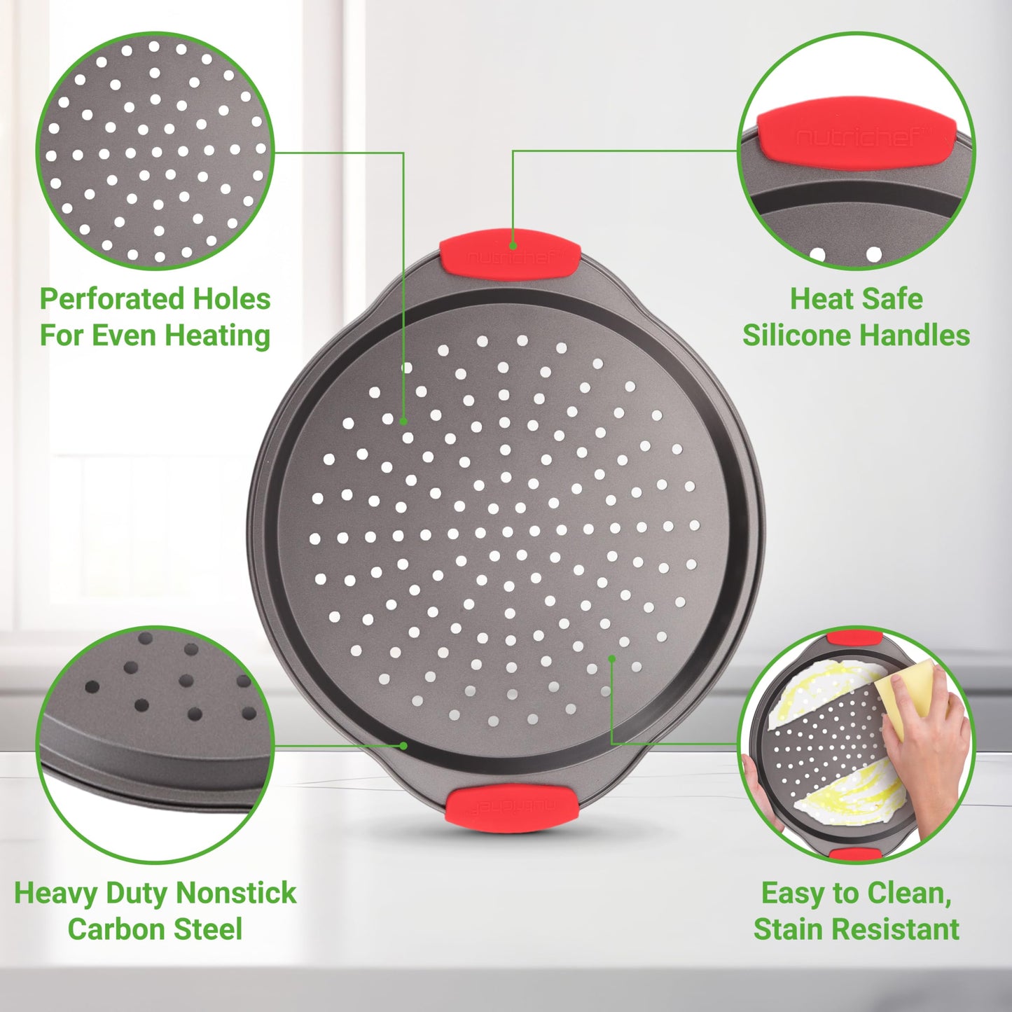 NutriChef 3-Piece Pizza Tray Set with Silicone Handles - Round Nonstick Pizza Pan with Perforated Holes, Durable Carbon Steel, Small, Medium, Large Sizes - Ideal for Crispy, Evenly Baked Pizzas (Gray)
