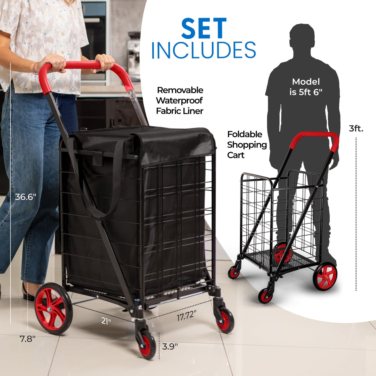 SereneLife Small Compact Folding Shopping Cart with Removable Waterproof Liner – 360° Swivel Wheels, Rust‑Proof Steel Frame, 70 lb Capacity – Portable Grocery, Laundry & Travel Cart (Red)