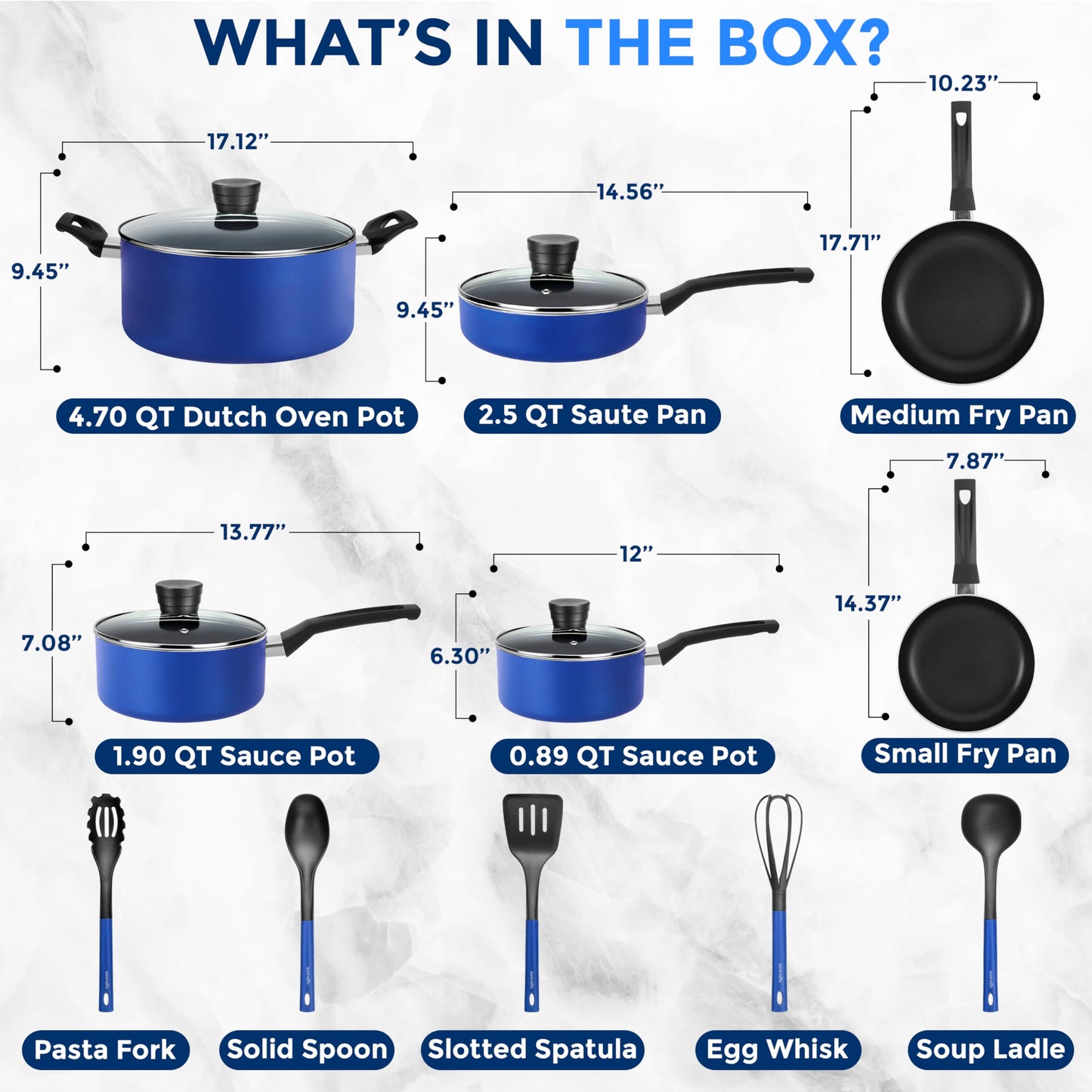 SereneLife 15-Pc Blue Cookware Set - Non-Stick, Heat-Resistant Pots & Pans with Lids, Dishwasher Safe, Includes Matching Utensils