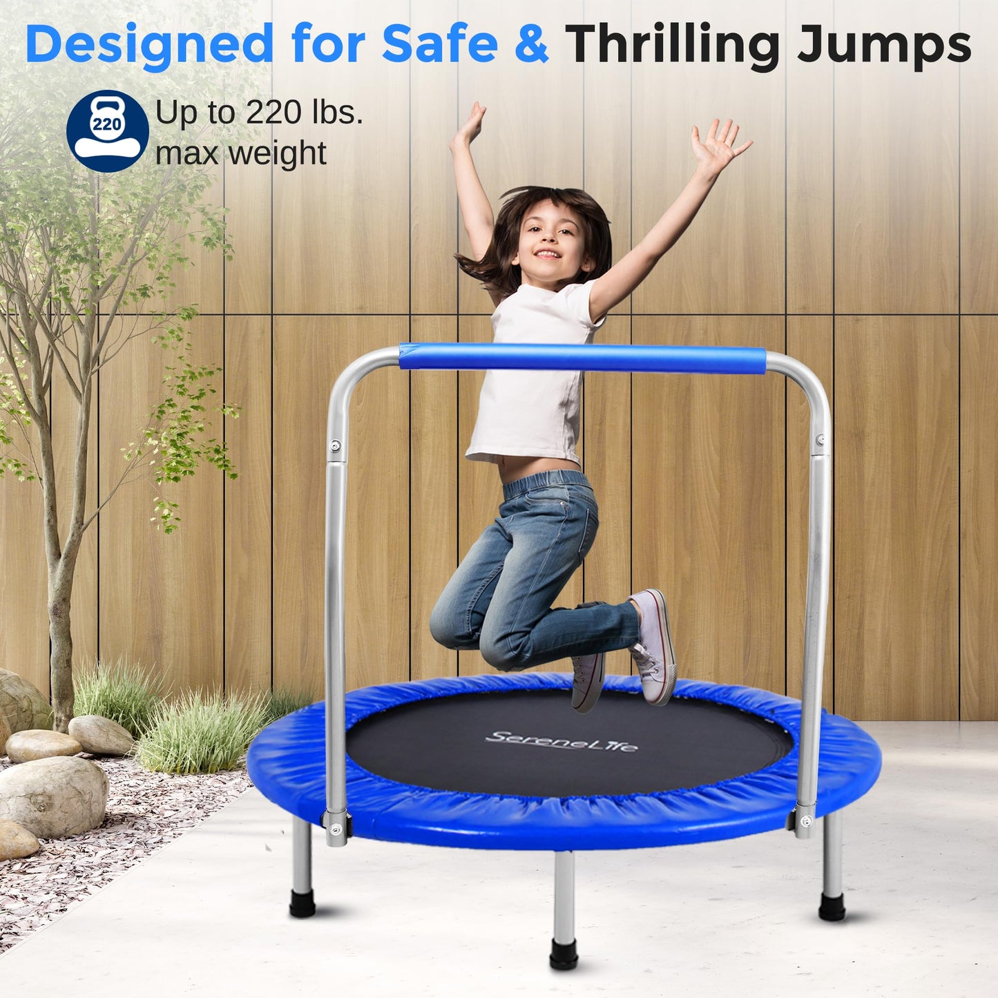 SereneLife 36" Mini Foldable Toddler Trampoline with Handle Bar, Rebounder Trampoline for Kids, Indoor/Garden Fitness & Play, Exercise Fun, Supports 220 lbs, Deep Blue