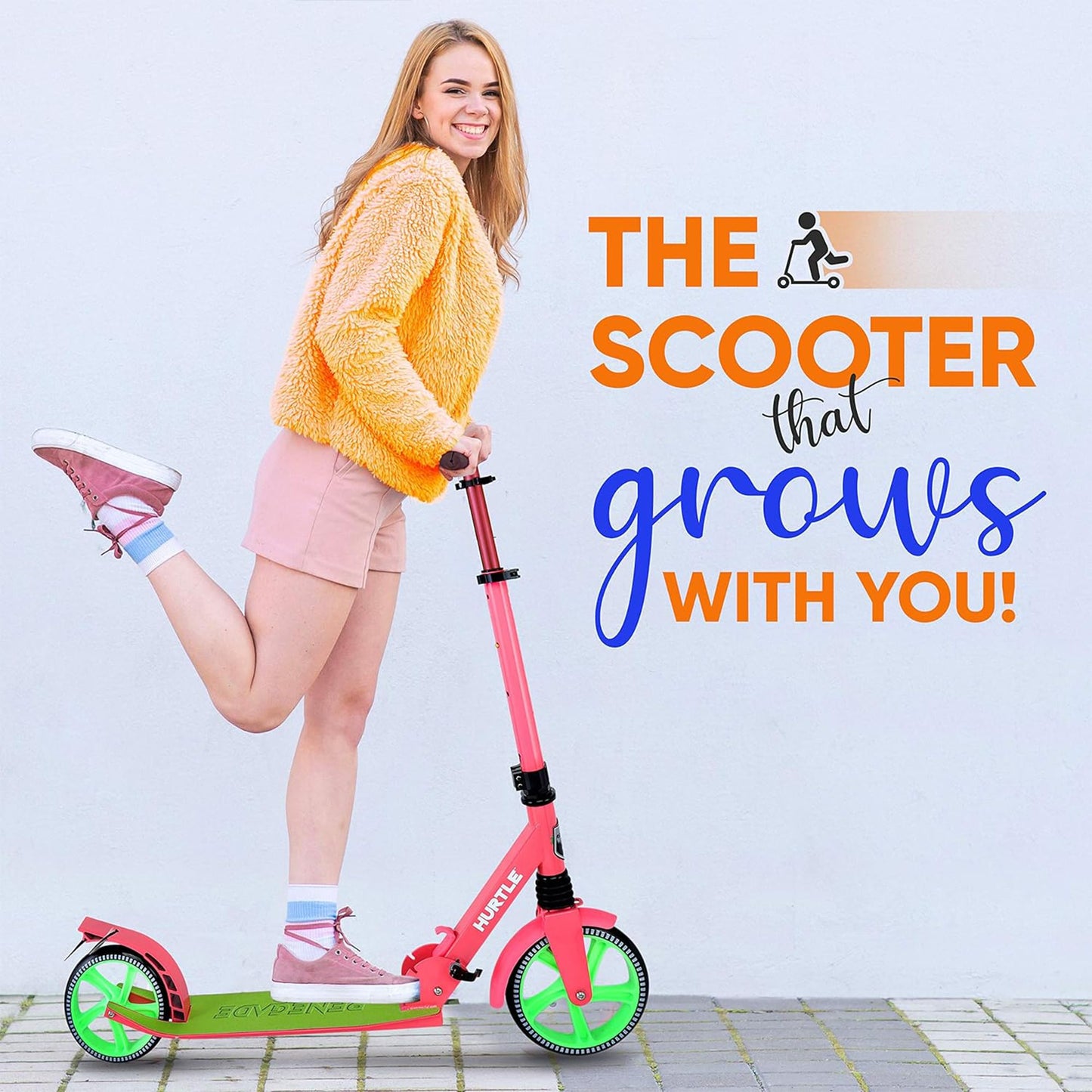 Hurtle Teenager Kick Scooter - 2 Wheel with Adjustable T-Bar Handlebar - Folding Adult with Alloy Anti-Slip Deck - 8" Smooth Gliding Wheels, Watermelon
