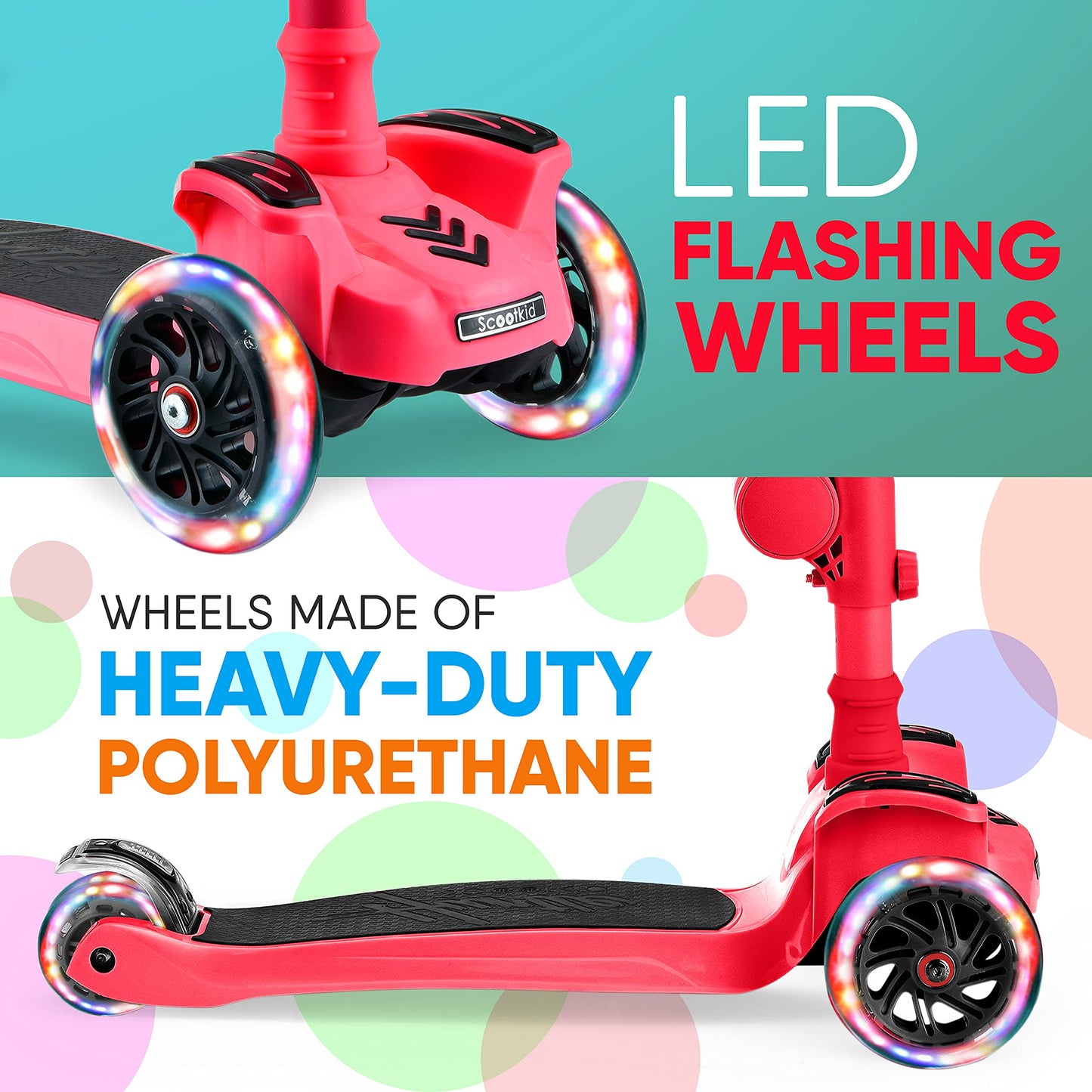 Hurtle Kids Scooter - Child Toddler Kick Scooter Toy with Foldable Seat - 3 Wheel Scooter with Adjustable Height, Anti-Slip Deck, Flashing Wheel Lights, for Boys/Girls 1-12 Year Old, Watermelon