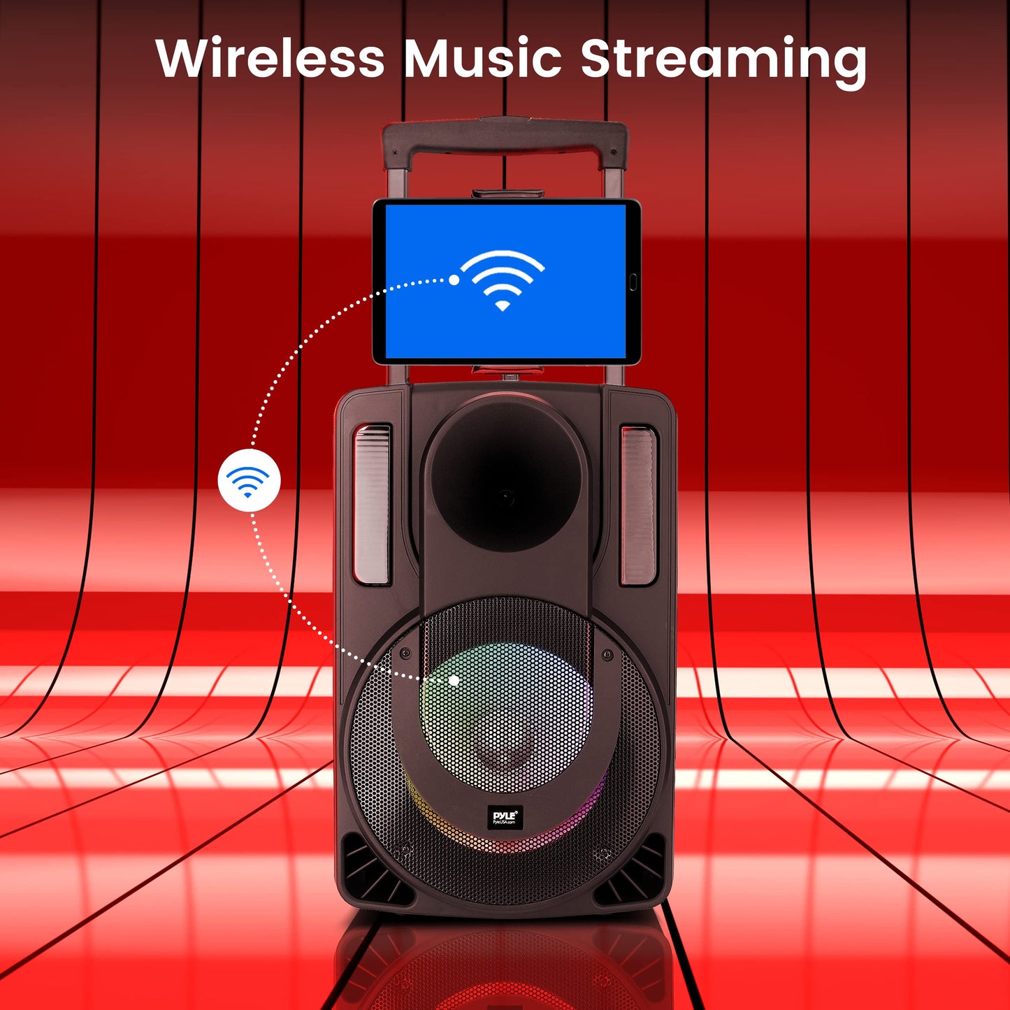 Pyle PHPWA15TB 15’' Portable PA Speaker System - Wireless BT Streaming PA & Karaoke Party Audio Speaker, Two Wireless Mic, Wired Microphone, Tablet Stand, Flashing Party Lights, MP3/USB/FM Radio