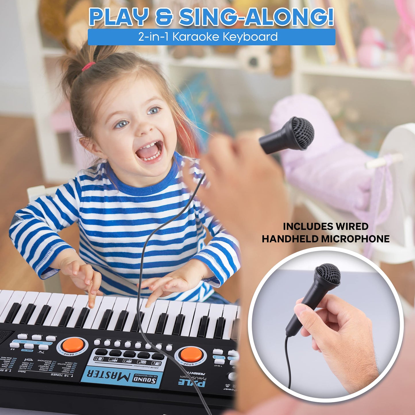 Pyle Portable Electric 49 Key 2 In 1 Karaoke 16 Tone 8 Rhythm Musical Piano Keyboard and Microphone w/ Built In Speakers & Rechargeable Battery, Black