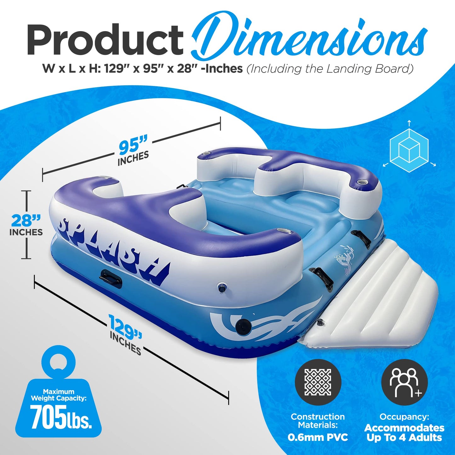 SereneLifeHome Inflatable 4- Person Floating Island Raft, Party Island Raft w/ 4 drink holders, Use for Lounging on Lake, Beach River or Pool