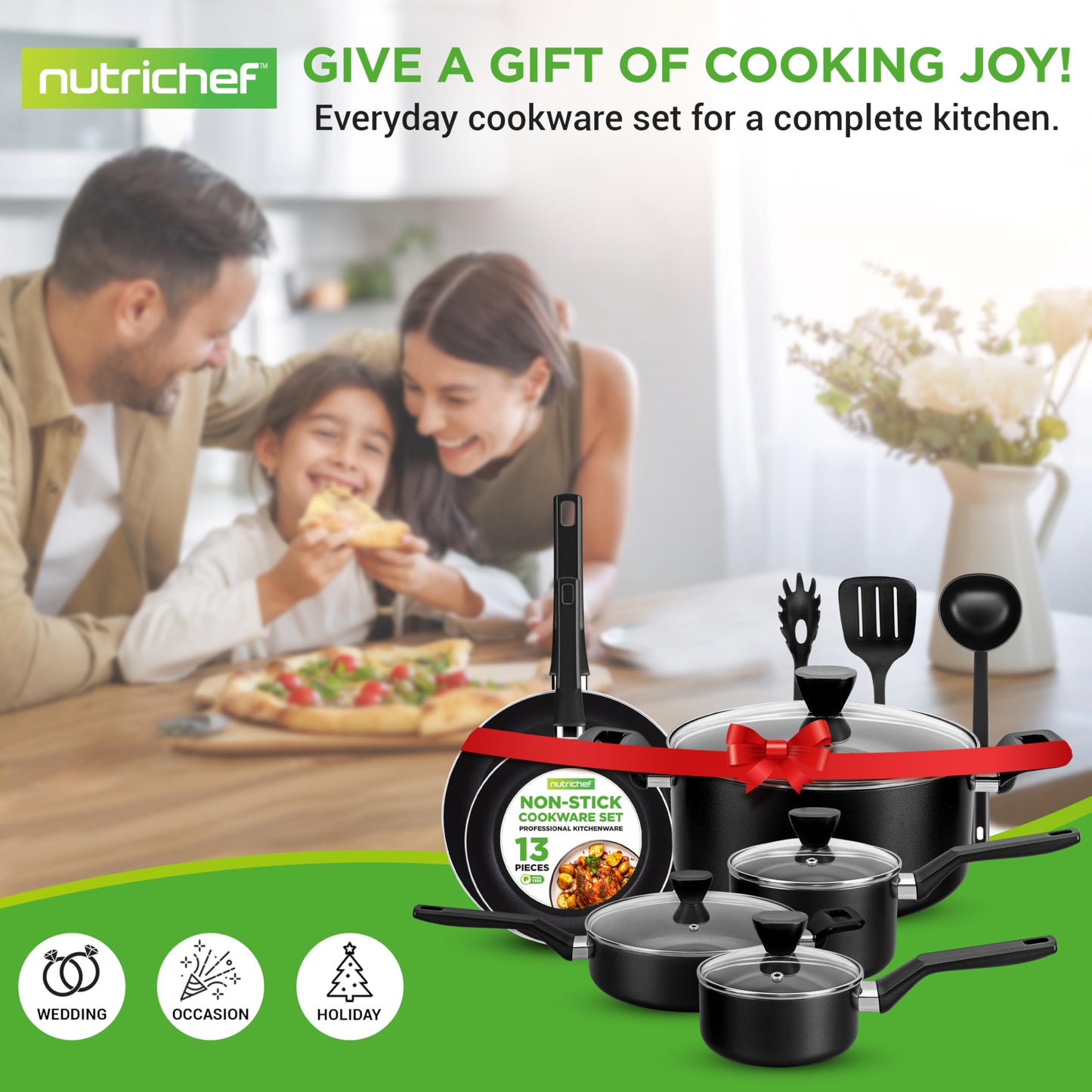 NutriChef 13-Piece Nonstick Cookware - Heat Resistant Kitchen Ware Set w/Saucepan, Frying Pans, Cooking Pots, Casserole, Lids, Ladle, Fork, Strainer - NCCWA13, Black