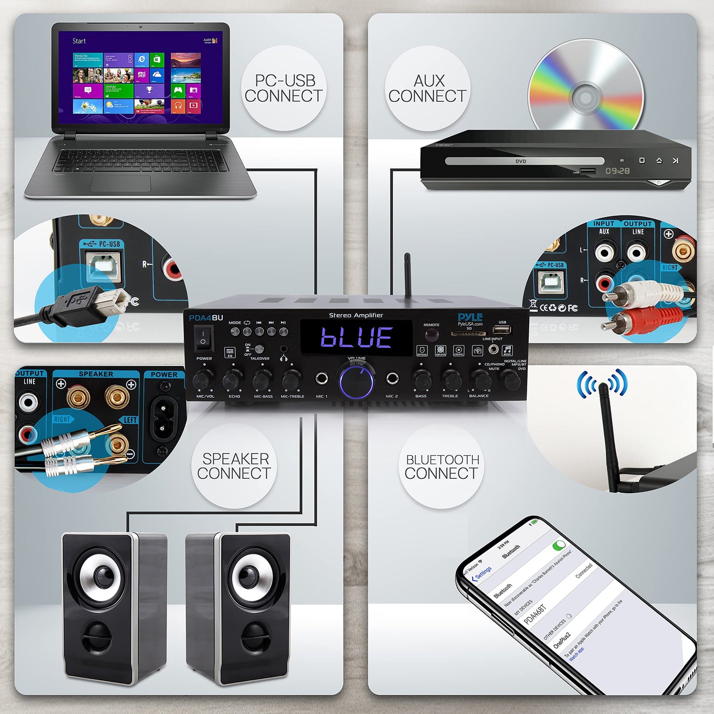 Pyle 200W Wireless Bluetooth Home Stereo Amplifier - Multi-Channel Audio Receiver with Optical - Phono - Coaxial - FM - USB/SD - AUX - RCA - 2 Mic Inputs - ‘Talk-Over’ - Antenna - Remote - PDA4BU