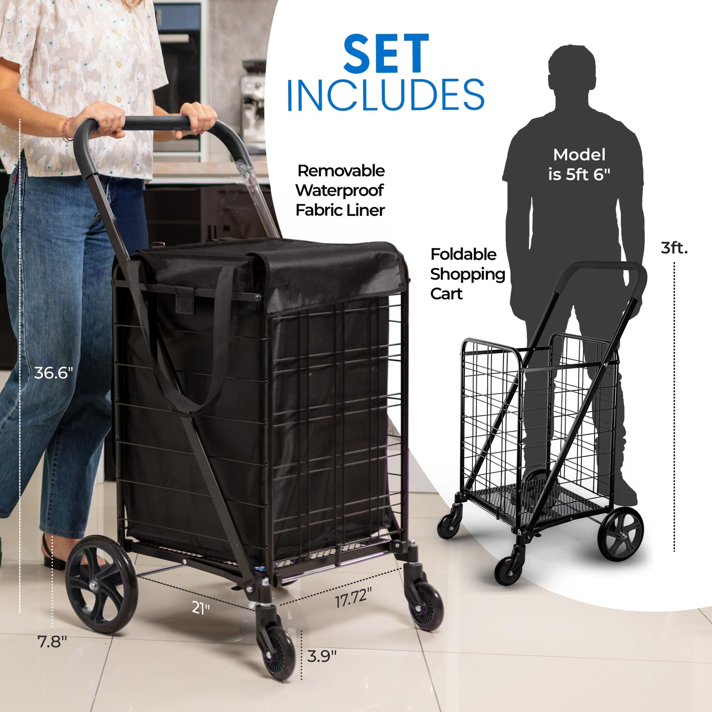 SereneLife Small Compact Folding Shopping Cart with Removable Waterproof Liner – 360° Swivel Wheels, Rust‑Proof Steel Frame, 70 lb Capacity – Portable Grocery, Laundry & Travel Cart (Black)