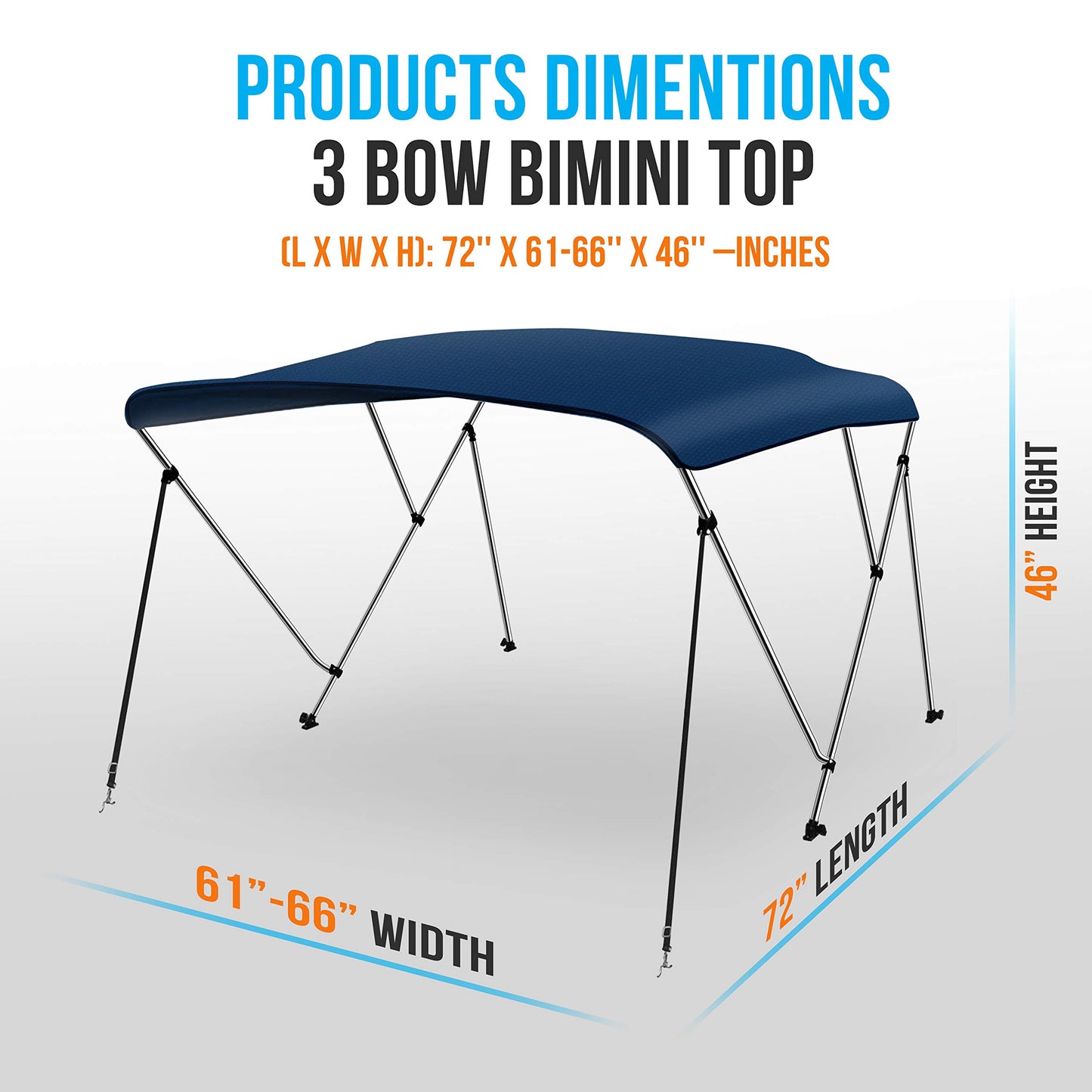 SereneLife Waterproof Boat Bimini Top Cover-61-66'W 3 Bow Bimini Top Canvas Sun Shade Boat Canopy 1' Double Wall Alu Frame Tube,2 Straps 2 Rear Support Poles,Storage Boot -SLBT3NAV612(Navy Blue)