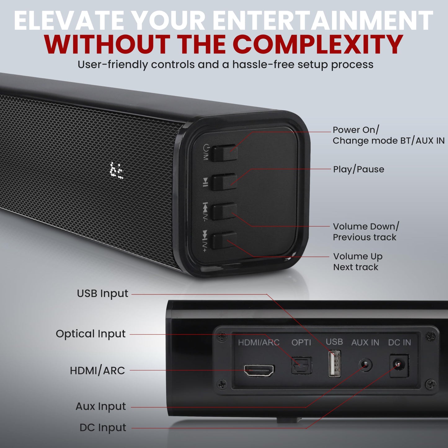 Pyle Home Theater Soundbar Speaker - Wave Base Streaming Tabletop Stand Mount TV Digital System with AUX/Digital Optical Audio Connector Jacks/USB Port, HDMI /ARC, Full Sound Reproduction