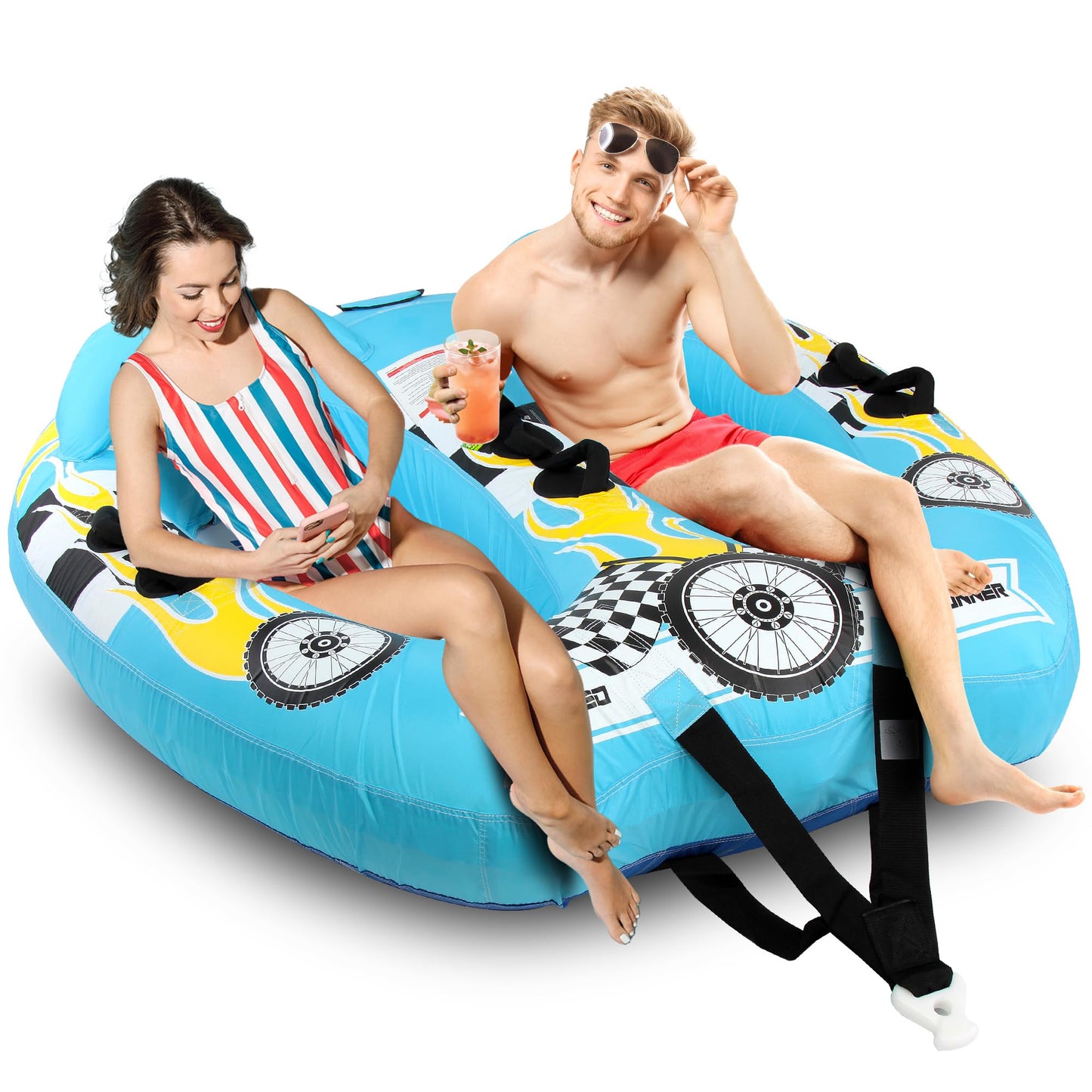 Serene Life Watersports Inflatable Towable Booster Tube - Two Person Water Boating Float Tow Raft, Inflatable Pull Boats/Tubes/Towables w/ Dual Seats, PVC Bladder, Foam Pad, Nylon Handles SLTOWBL10