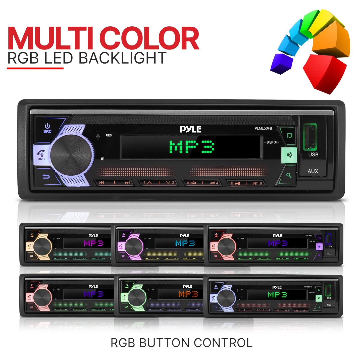 Pyle Bluetooth Stereo Headunit Receiver - In-Dash Single DIN Head Unit Receiver Power Amplifier System w/ Hands-Free Calling, LCD, AM/FM Radio, MP3/USB/AUX - Vehicle Car Bus Truck RV, Black - PLML50FB
