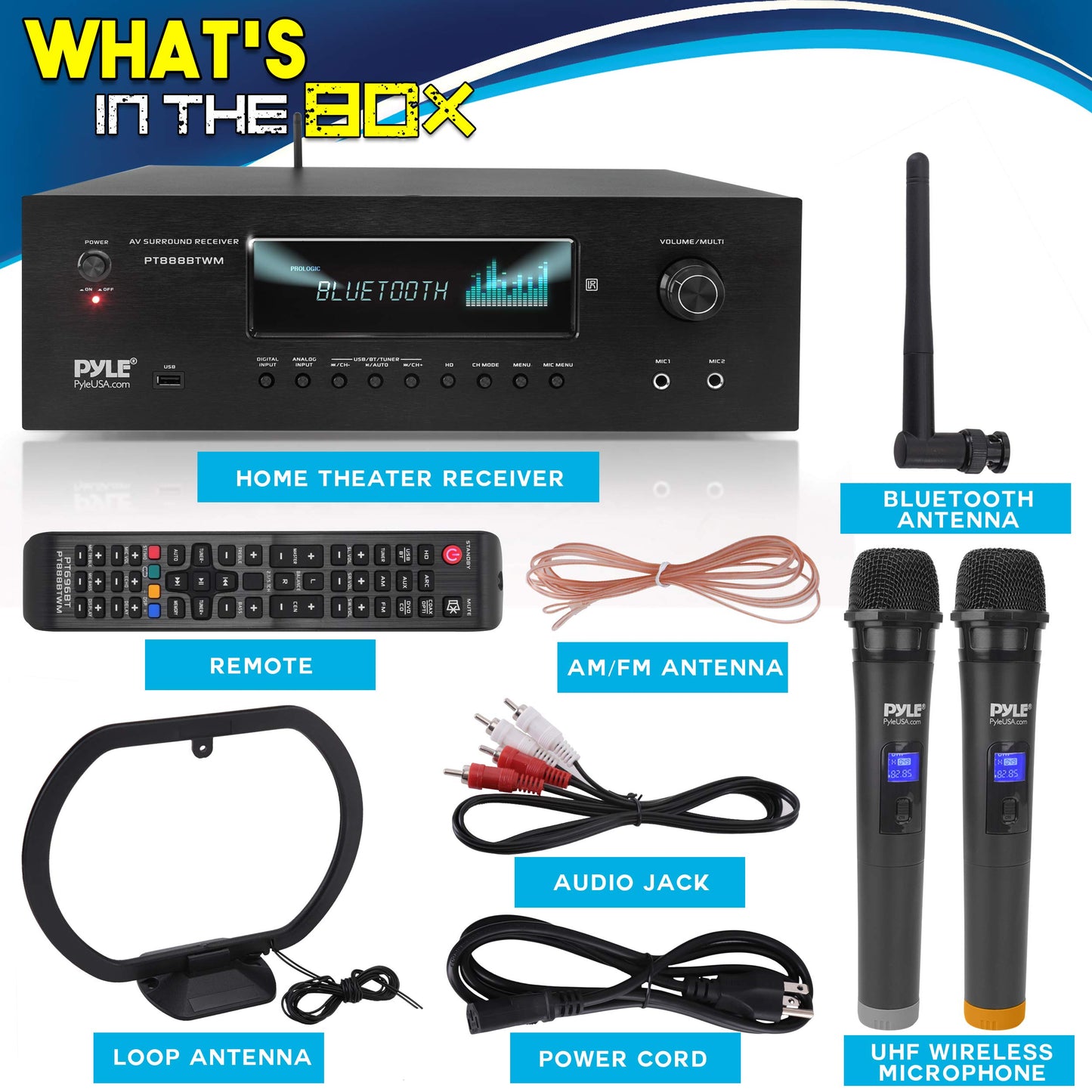 Pyle 1000W 5.2 Channel Home Theater Receiver - Bluetooth 5.0 - Amp w/ 2 UHF Wireless Mics - 4K UHD/3D/Blu-ray Pass-Through - MP3/USB/HDMI/AM/FM Radio - DSP EQ - Mic Echo & Volume Controls - PT888BTWM