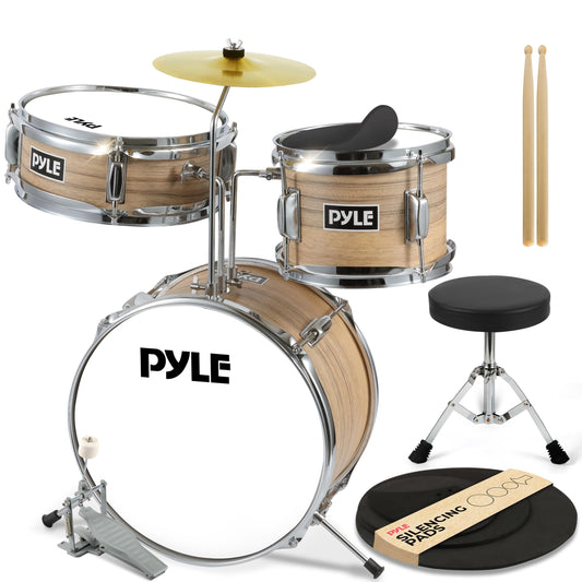 Pyle Kids Drum Set, 3 Piece Beginner Junior Drummer Kit with 13" Bass Drum, Snare, Tom, Cymbal, Adjustable Throne, Mutes, Drumsticks, Natural
