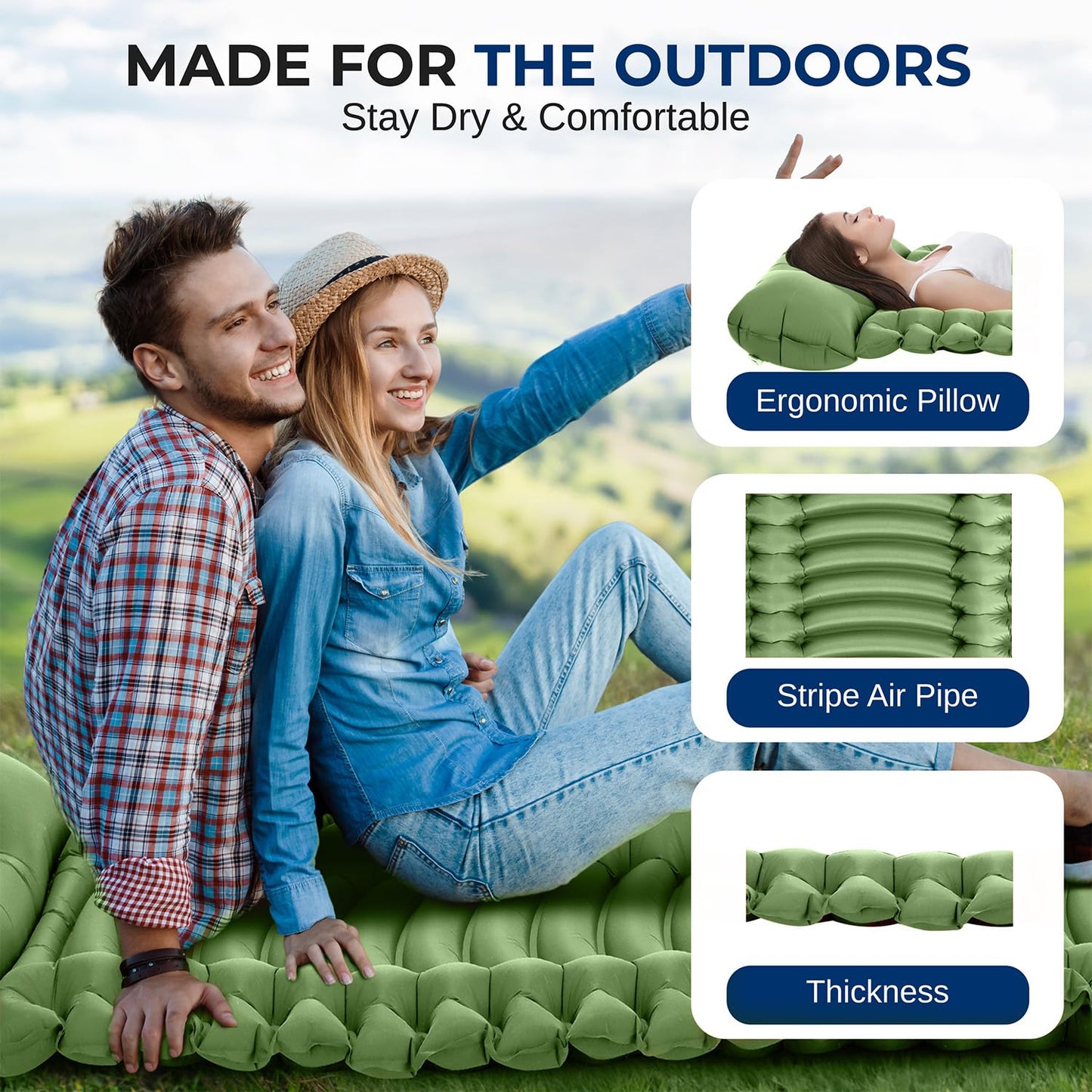 SereneLife Sleeping Pad with Pillow for Camping - Compact Sleeping Mat with Fast Inflation, Lightweight, and Tear-Resistant Backpacking Air Mattress with Carry Bag for Camping, Backpacking, Hiking