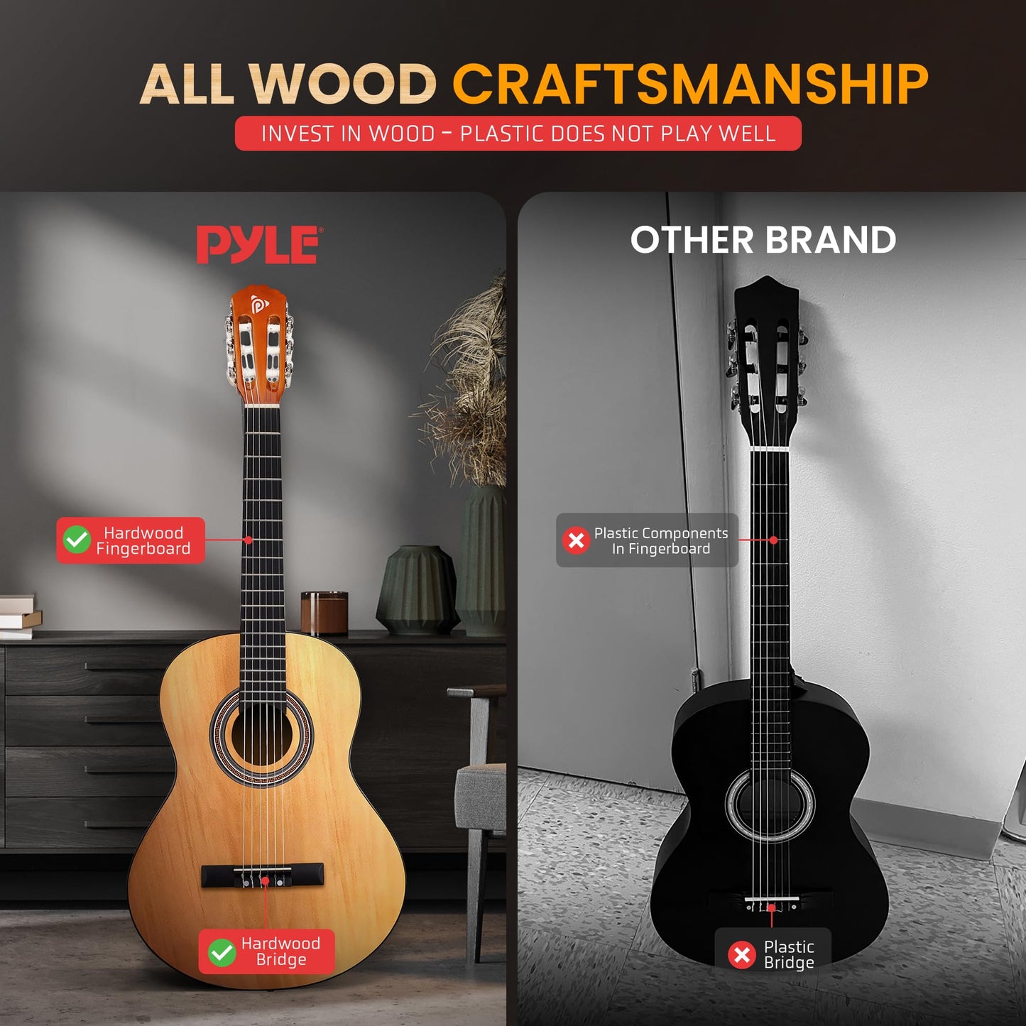 Pyle Classical Guitar Starter Kit - 39" 4/4th Size All Wood Instrument with Capo, Gig Bag, Strings, Strap, Right Picks (Natural Gloss)