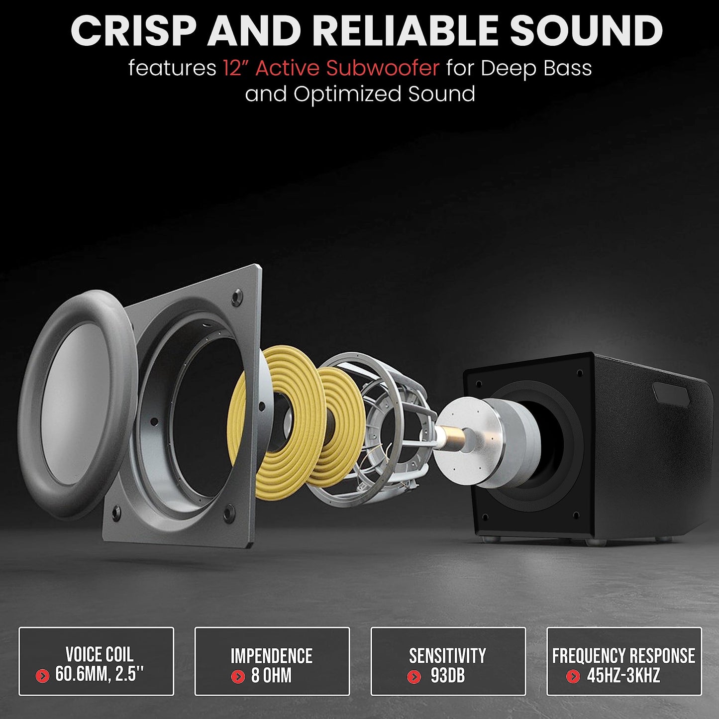Pyle Line Array Column Speaker - Professional and Compact Sound System with 12 inch Speaker Subwoofer, Streaming, Built-in Digital Audio Amplifier with 5 Band Graphic Equalizer