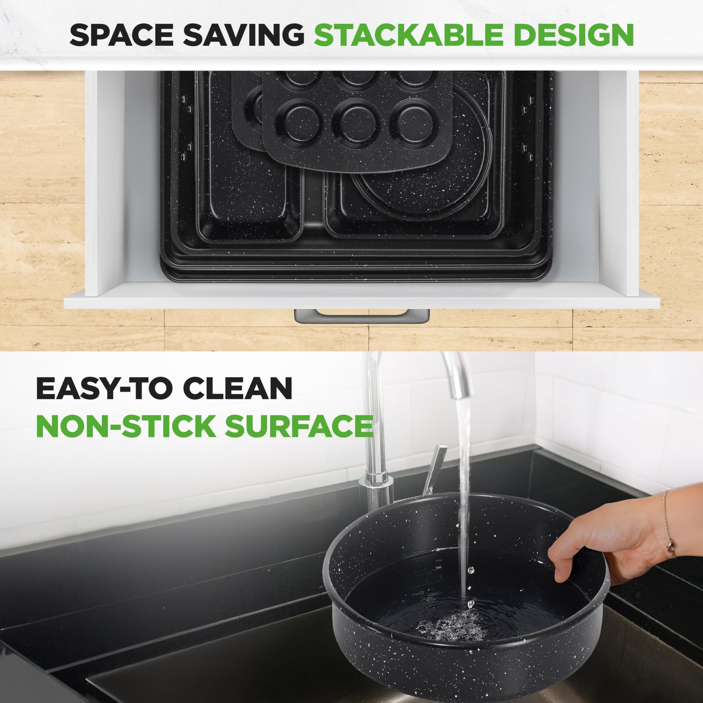 NutriChef 8-Piece Stackable Bakeware Set | Carbon Steel Non-Stick Baking Pan Set | Includes Sheet, Muffin, Round, Loaf, Square Cake & Deep Pans | No PFOA & PFOS | Oven Safe to 450 F (Black Marble)